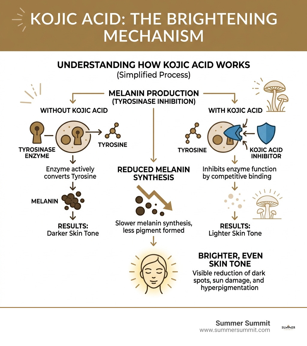 How kojic acid inhibits tyrosinase to reduce melanin and brighten skin tone - kojic acid face cream infographic