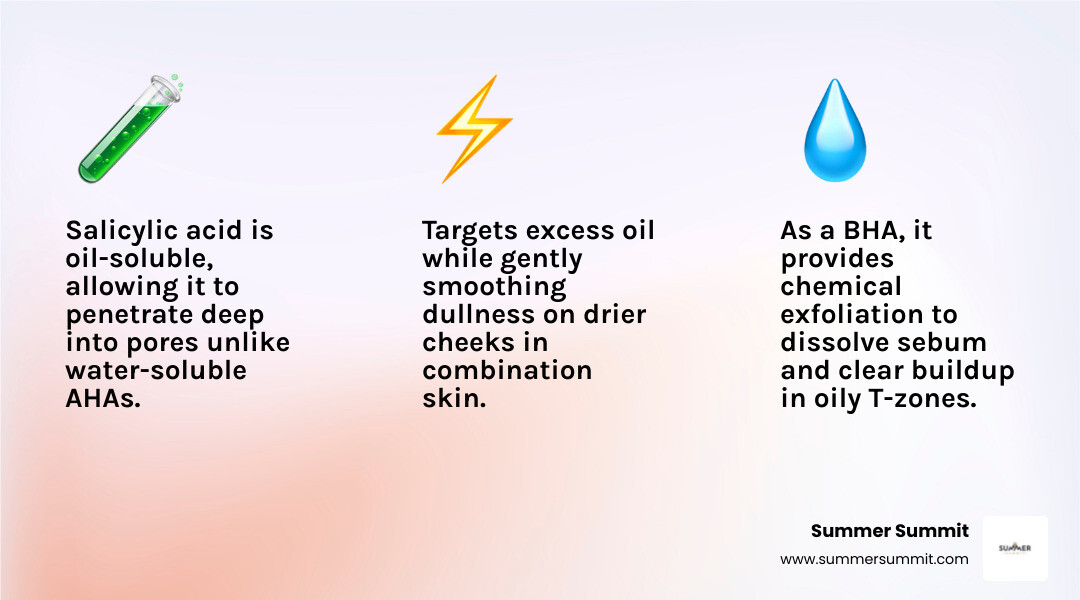 Infographic showing how salicylic acid penetrates pores to clear oil and debris in combination skin - best salicylic acid
