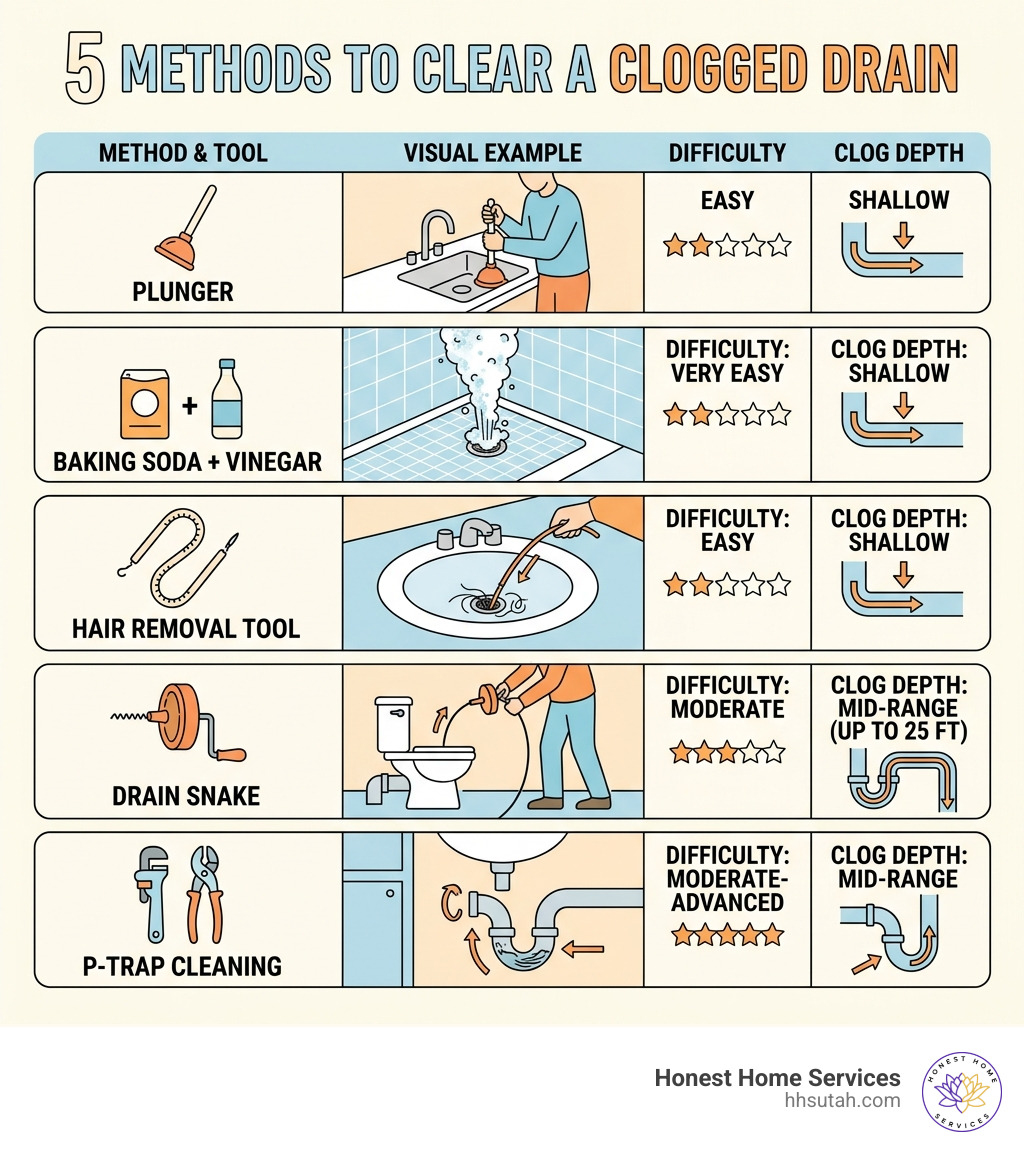 Infographic showing 5 methods to clear a clogged drain with tools, difficulty level, and clog depth each method reaches Infographic showing 5 methods to clear a clogged drain with tools, difficulty level, and clog depth each method reaches