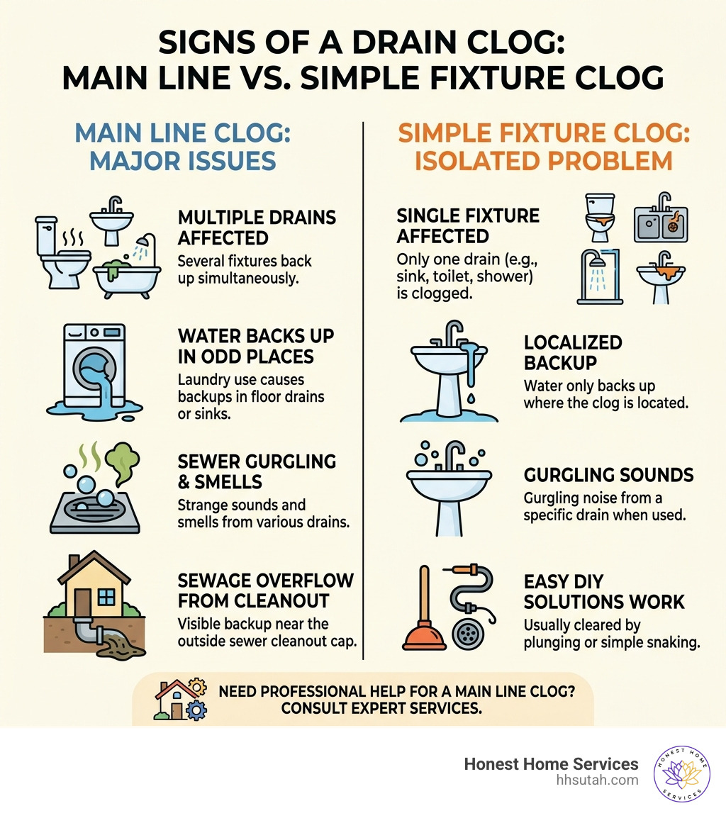 Infographic showing signs of a main line clog vs a simple fixture clog - clear clogged drain infographic Infographic showing signs of a main line clog vs a simple fixture clog - clear clogged drain infographic