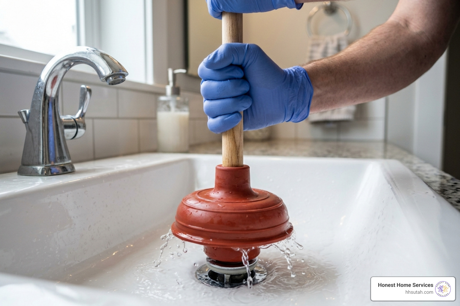cup plunger forming a tight seal over a sink drain - clear clogged drain cup plunger forming a tight seal over a sink drain - clear clogged drain