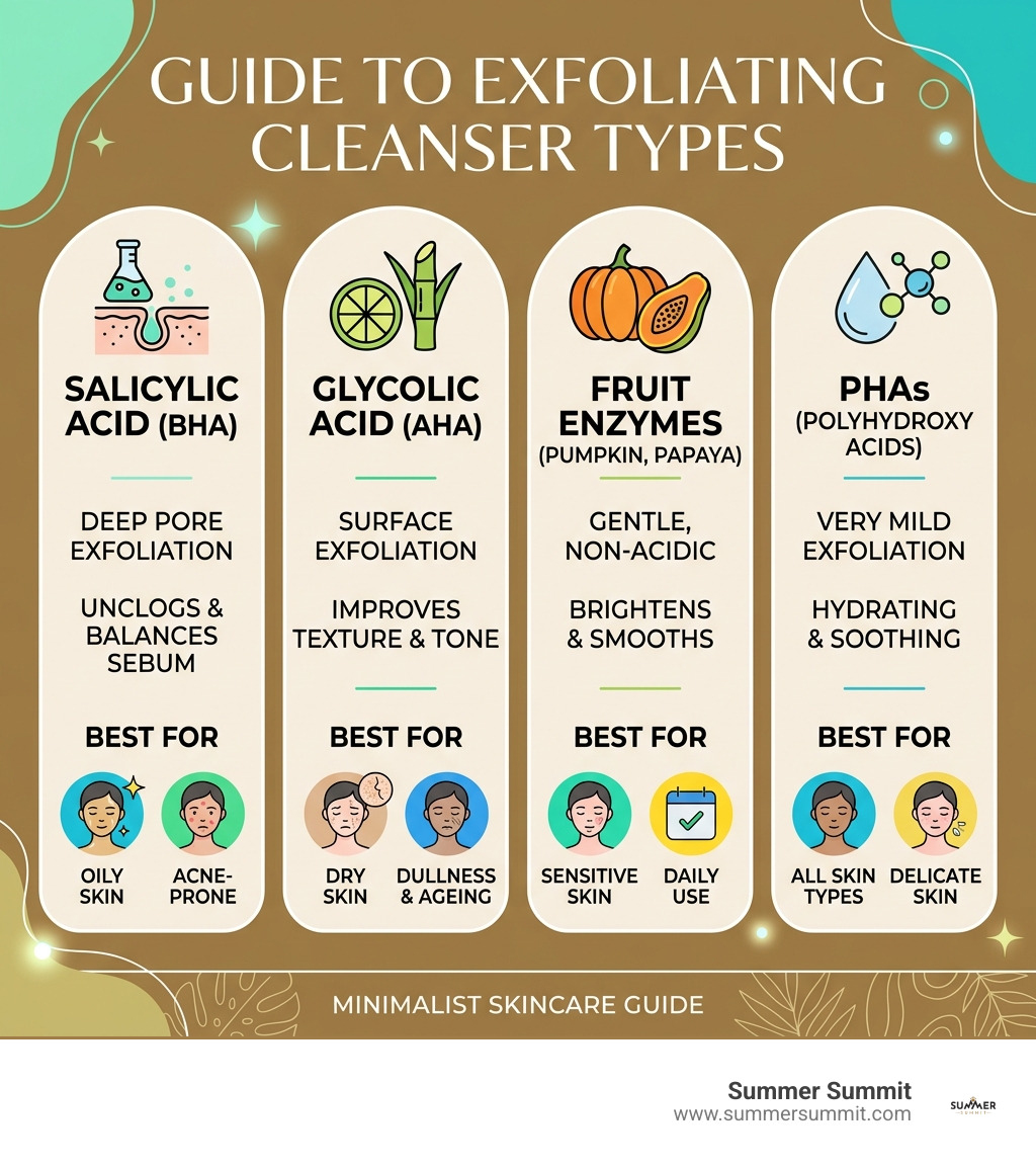 Infographic showing top exfoliating cleanser types, key ingredients, and skin type matches - top rated exfoliating cleanser