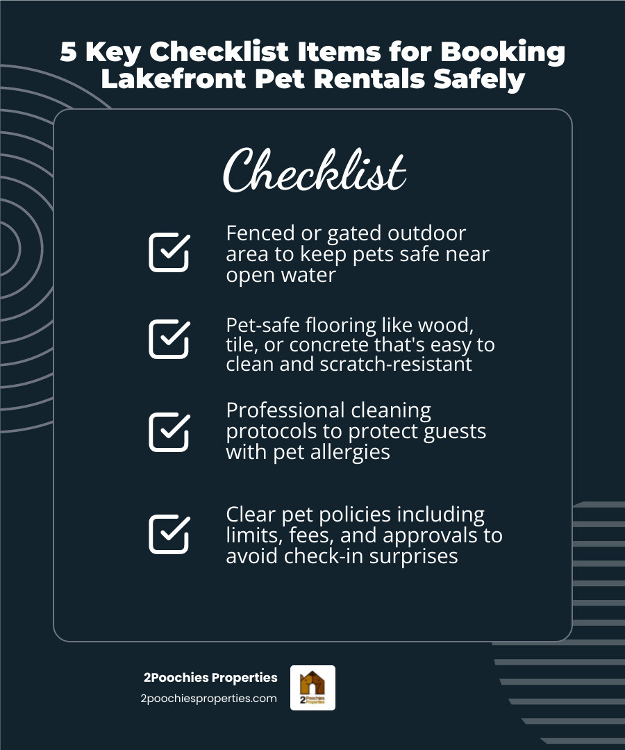 Infographic showing 5 key checklist items for booking lakefront pet rentals safely - lakefront pet rentals infographic Infographic showing 5 key checklist items for booking lakefront pet rentals safely - lakefront pet rentals infographic