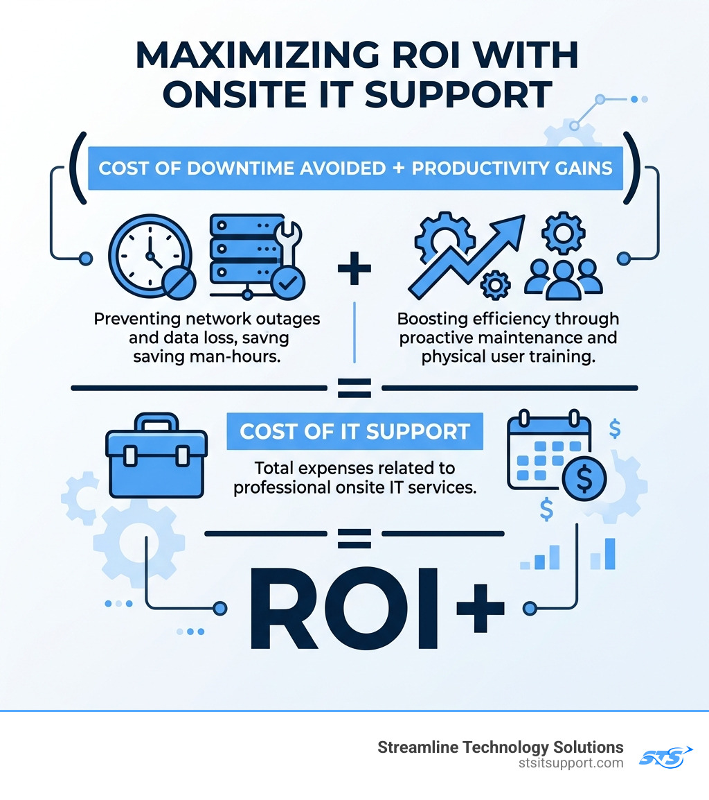 Infographic showing ROI formula: (Cost of Downtime Avoided + Productivity Gains) / Cost of IT Support - onsite it support Infographic showing ROI formula: (Cost of Downtime Avoided + Productivity Gains) / Cost of IT Support - onsite it support