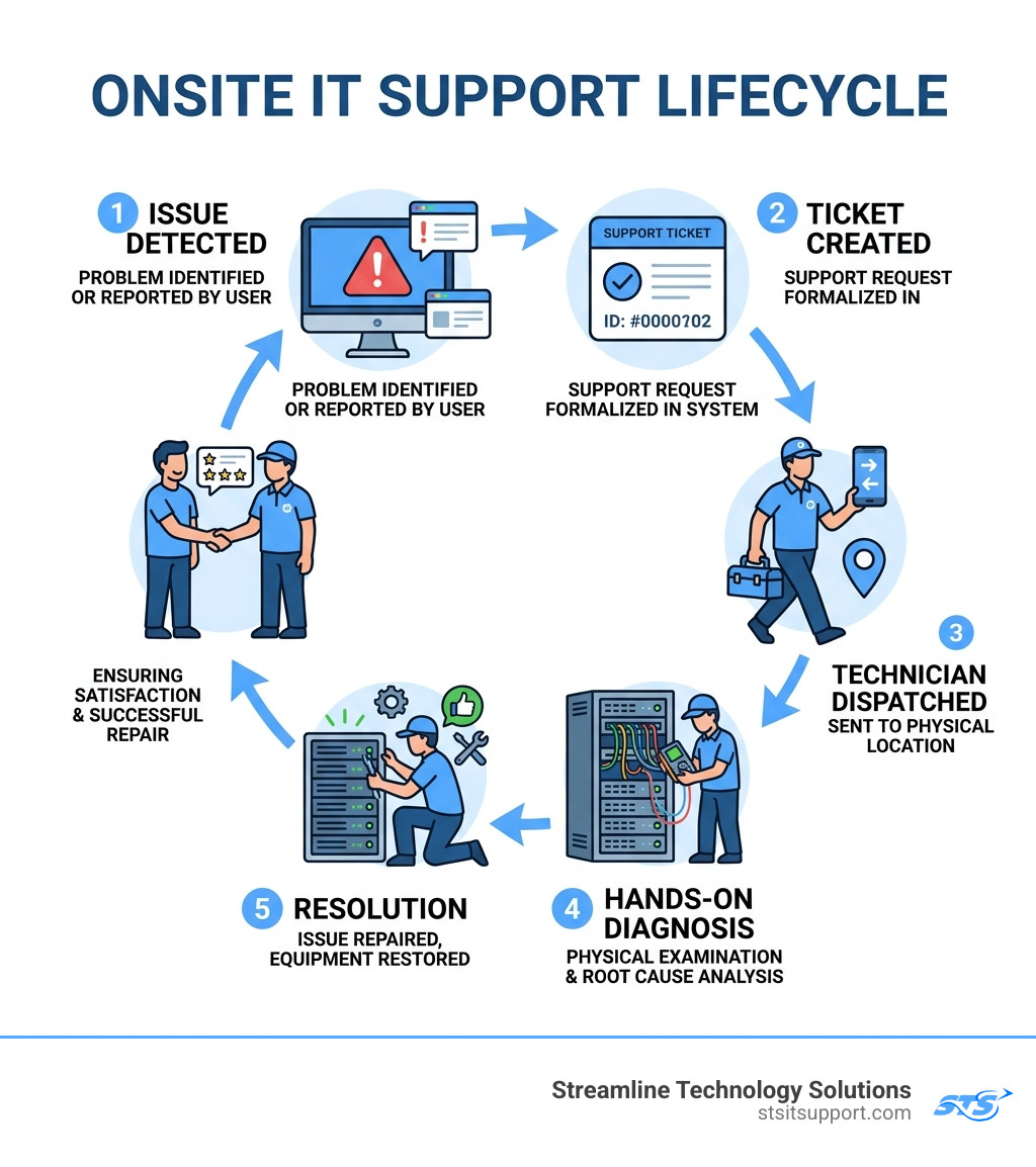 Infographic showing the onsite IT support lifecycle: issue detected, ticket created, technician dispatched, hands-on Infographic showing the onsite IT support lifecycle: issue detected, ticket created, technician dispatched, hands-on