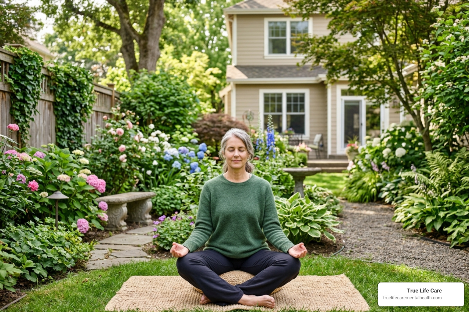 patient practicing mindfulness meditation in a garden - mental health retreat for depression