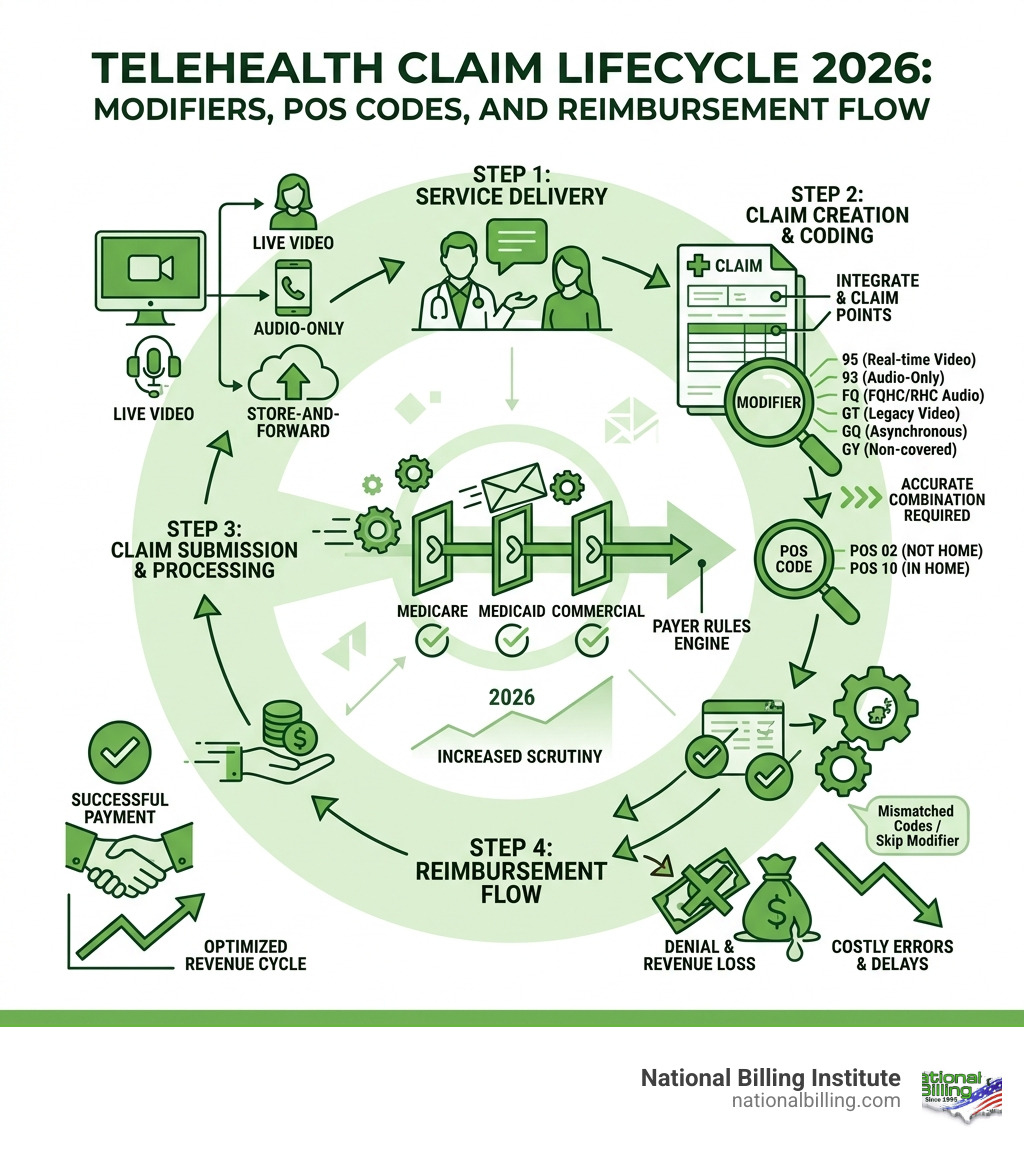 Telehealth claim lifecycle 2026: modifiers, POS codes, and reimbursement flow - telehealth modifier infographic 
