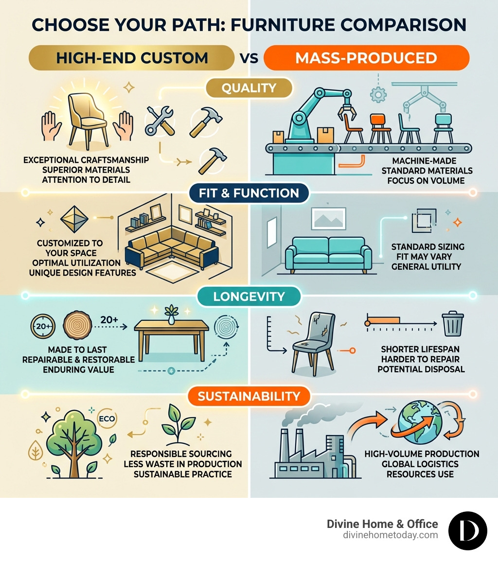Infographic comparing high-end custom furniture vs. mass-produced: quality, fit, longevity, sustainability - high-end custom Infographic comparing high-end custom furniture vs. mass-produced: quality, fit, longevity, sustainability - high-end custom