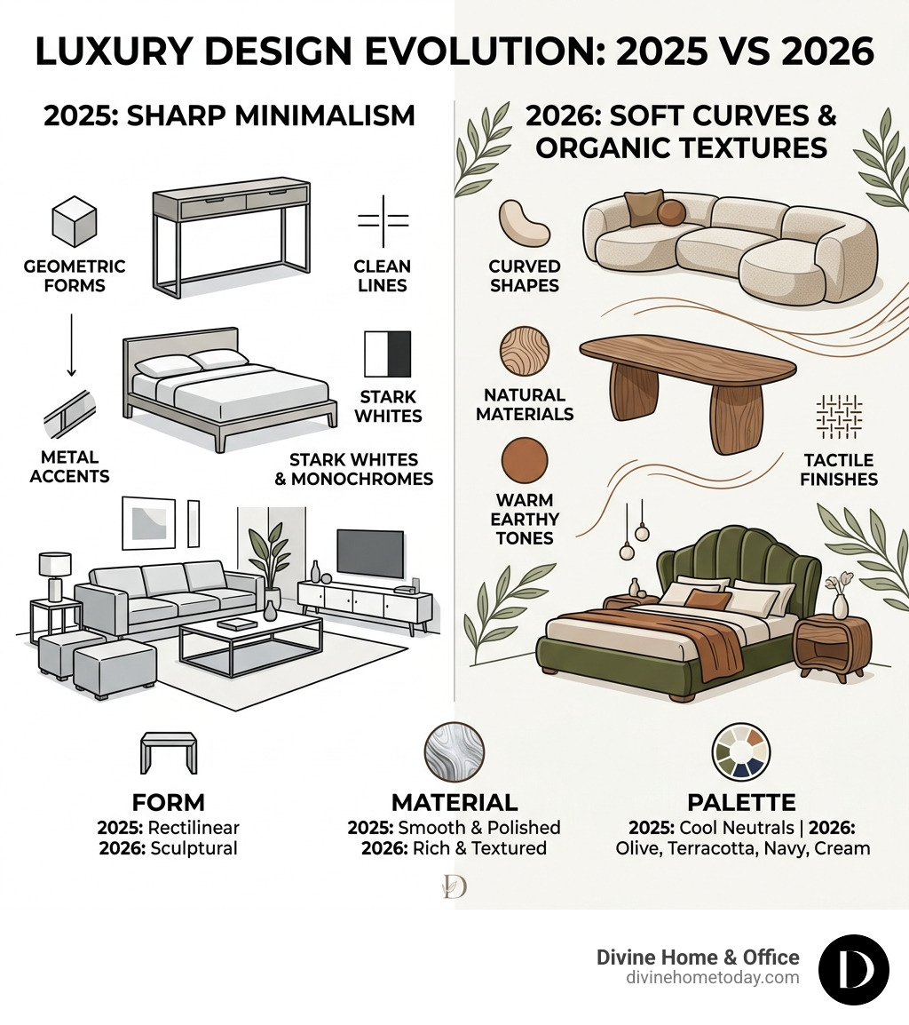 Table comparing 2025 vs 2026 luxury design elements: 2025 focused on sharp minimalism, 2026 focuses on soft curves and Table comparing 2025 vs 2026 luxury design elements: 2025 focused on sharp minimalism, 2026 focuses on soft curves and