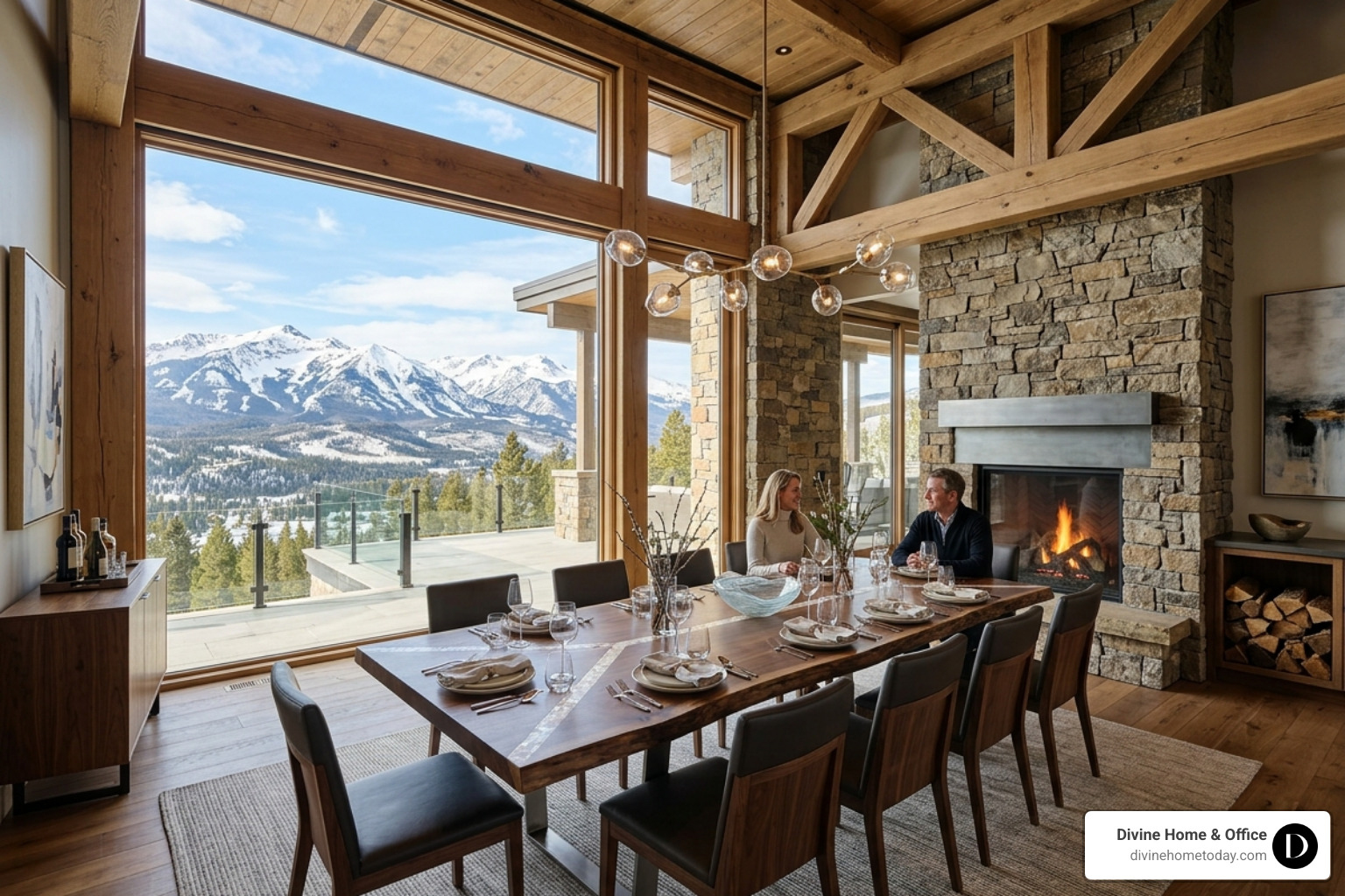 High-end modern mountain dining room with a walnut table featuring mother-of-pearl inlays and mountain views - high-end High-end modern mountain dining room with a walnut table featuring mother-of-pearl inlays and mountain views - high-end