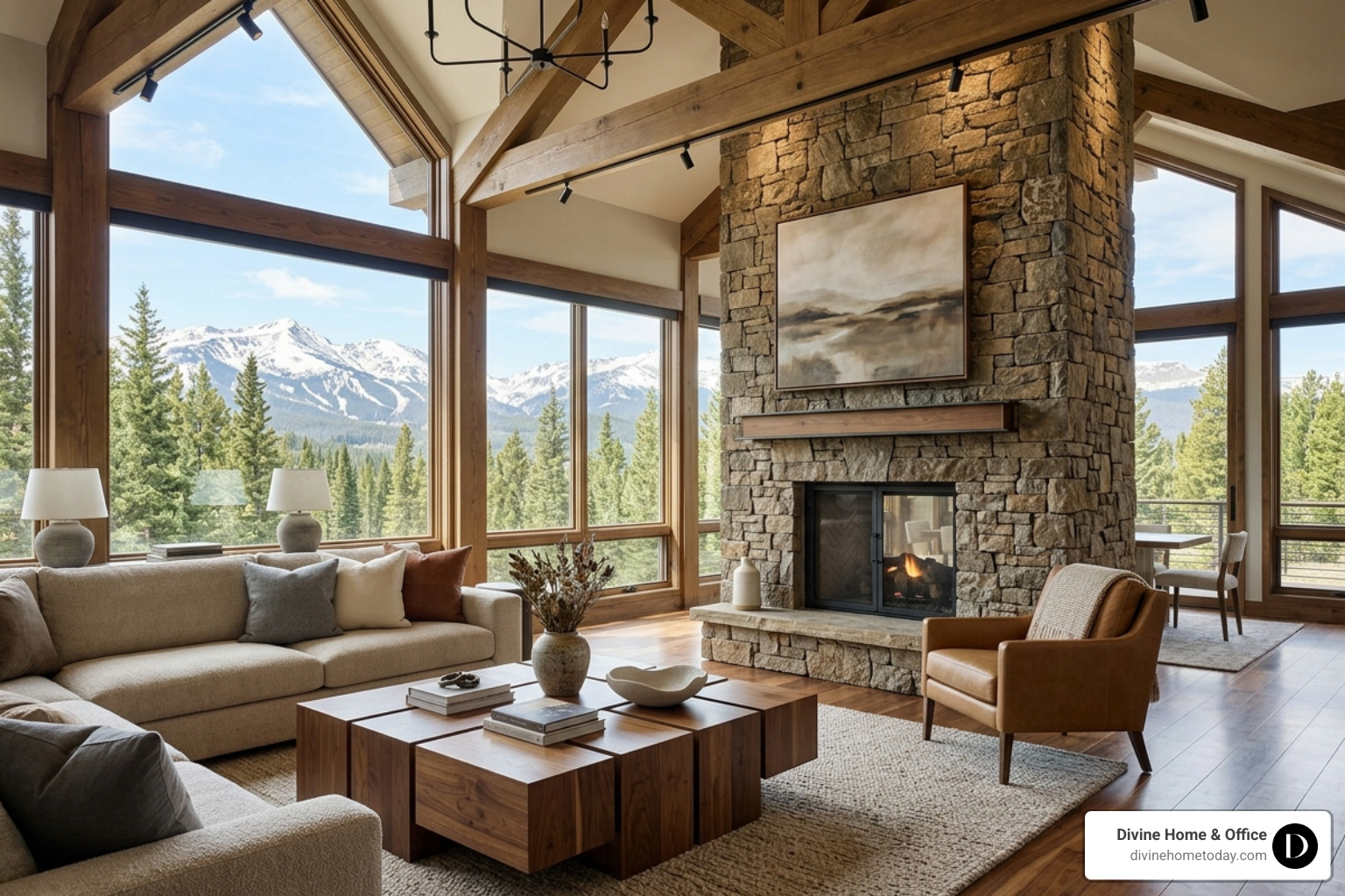 Luxury modern mountain great room with custom modular coffee table and stone fireplace - high-end custom furniture ideas Luxury modern mountain great room with custom modular coffee table and stone fireplace - high-end custom furniture ideas