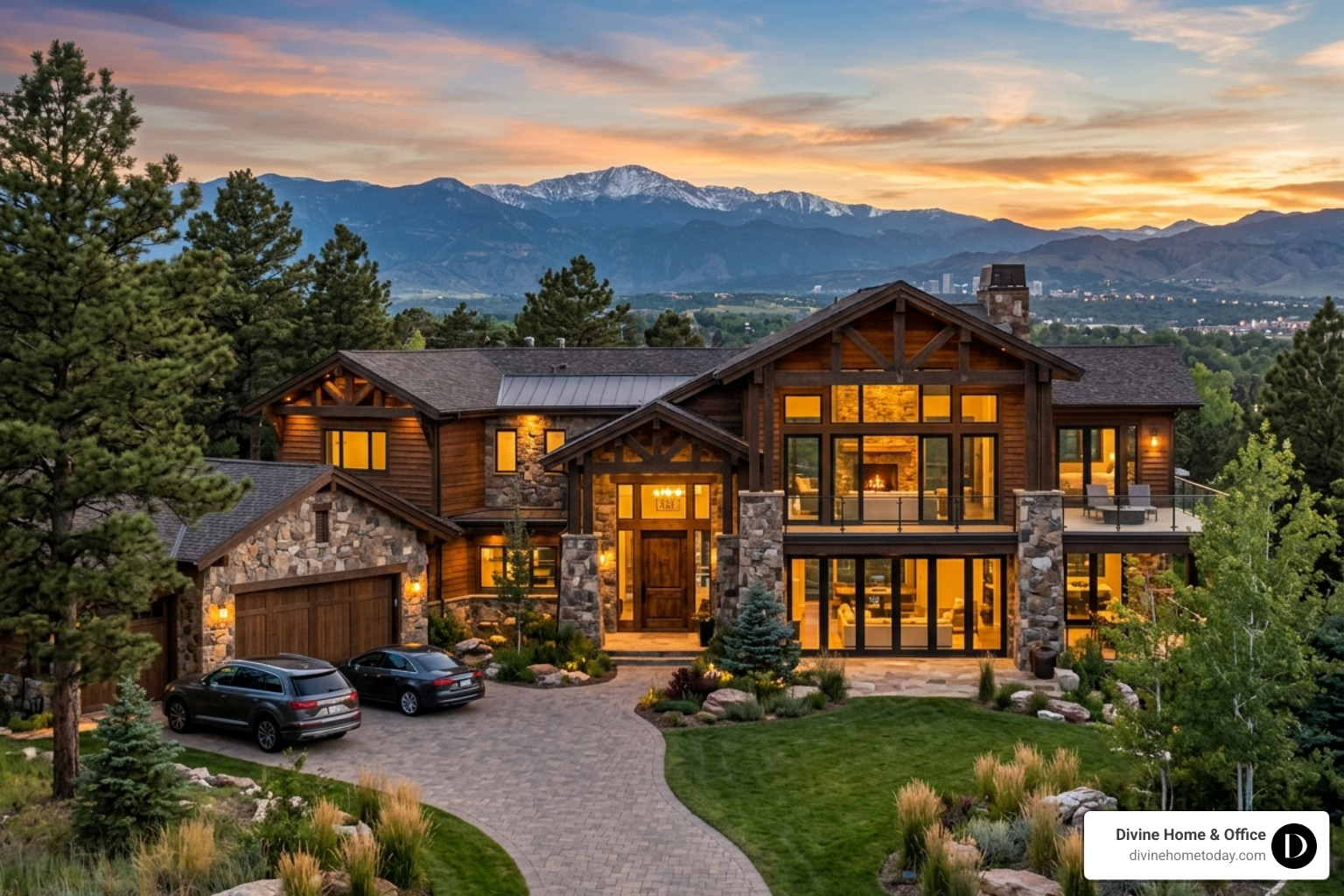 Exterior of a million-dollar Colorado mountain home in Cherry Creek with timber and stone facade at sunset - high-end custom Exterior of a million-dollar Colorado mountain home in Cherry Creek with timber and stone facade at sunset - high-end custom