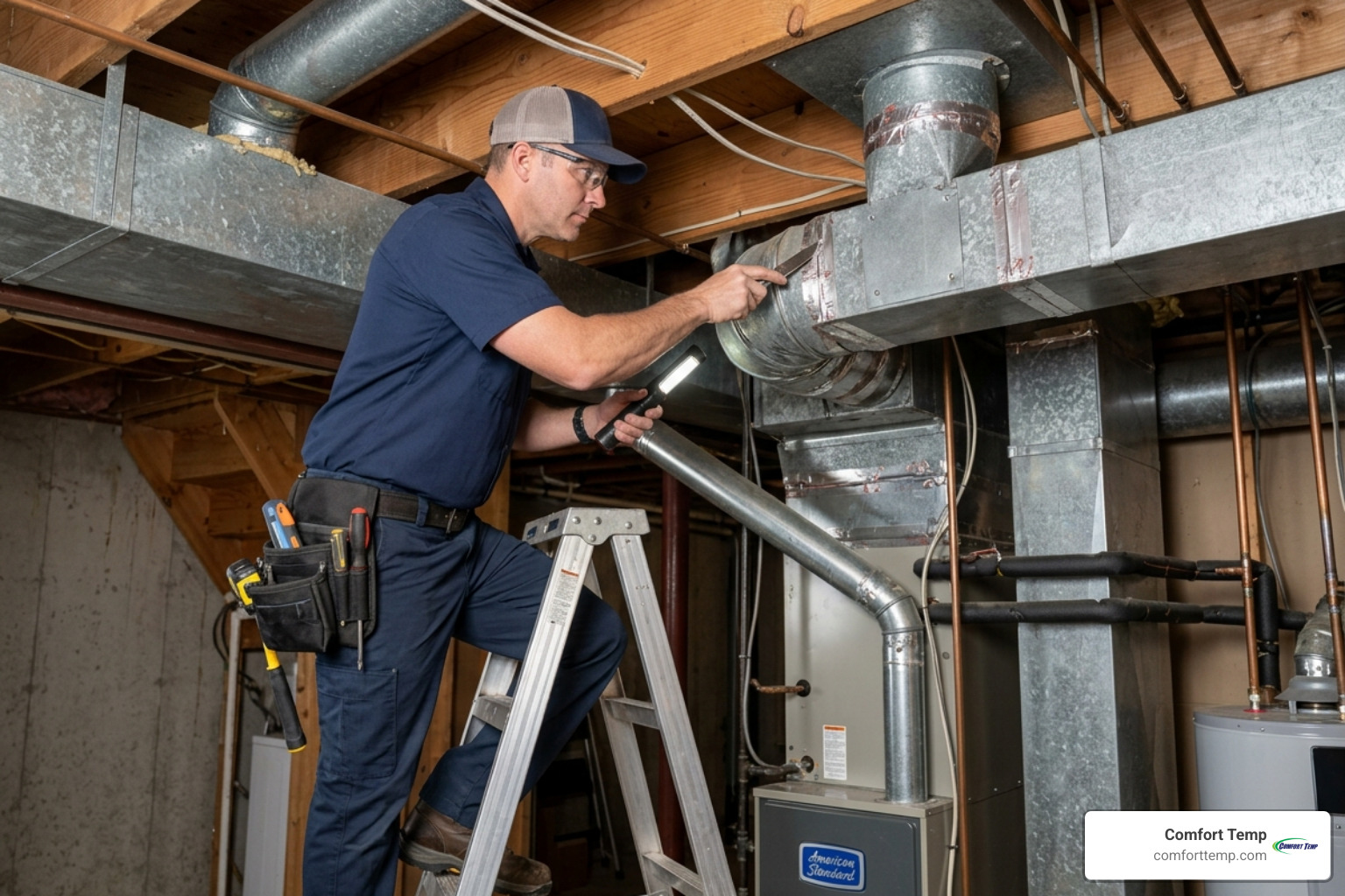 professional technician in a blue uniform inspecting a home ventilation system - smart air purifier for home professional technician in a blue uniform inspecting a home ventilation system - smart air purifier for home