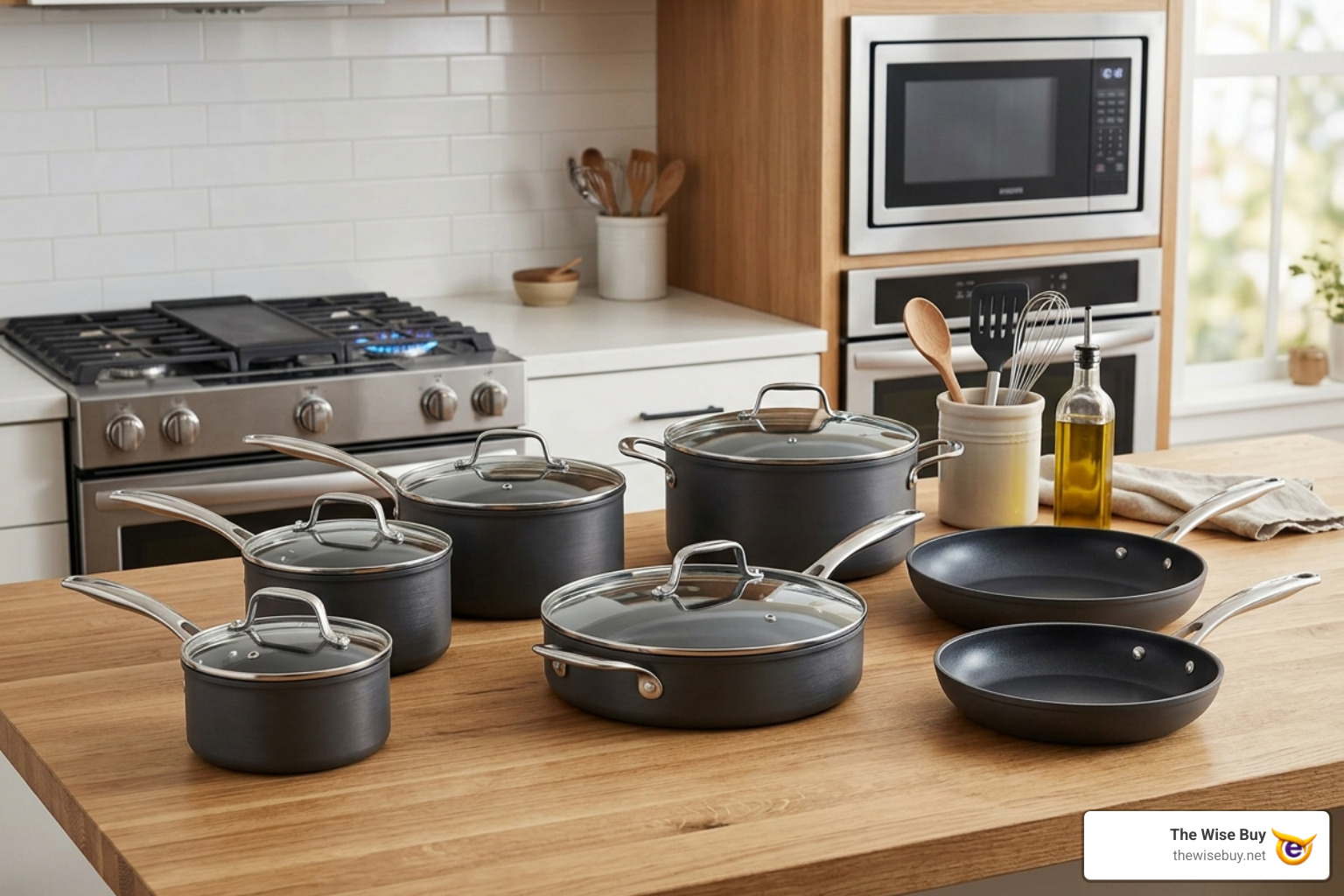 A complete 12-piece hard-anodized cookware set displayed on a kitchen counter - durable nonstick cookware sets