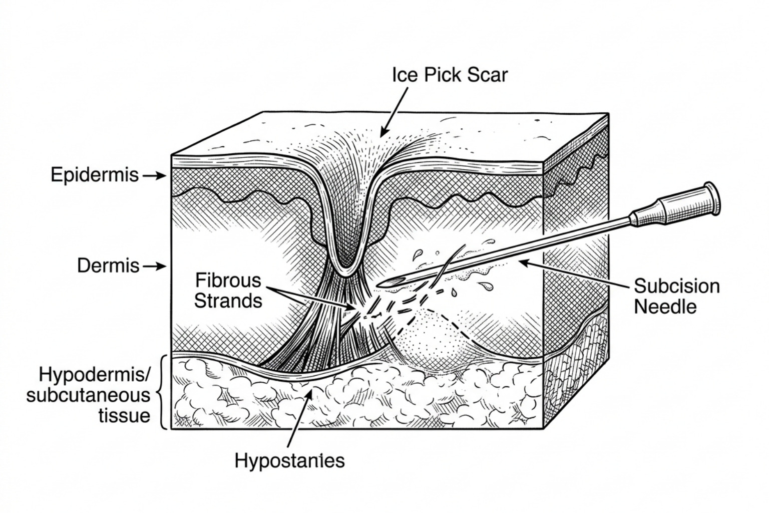 subcision technique illustration - ice pick scar fillers