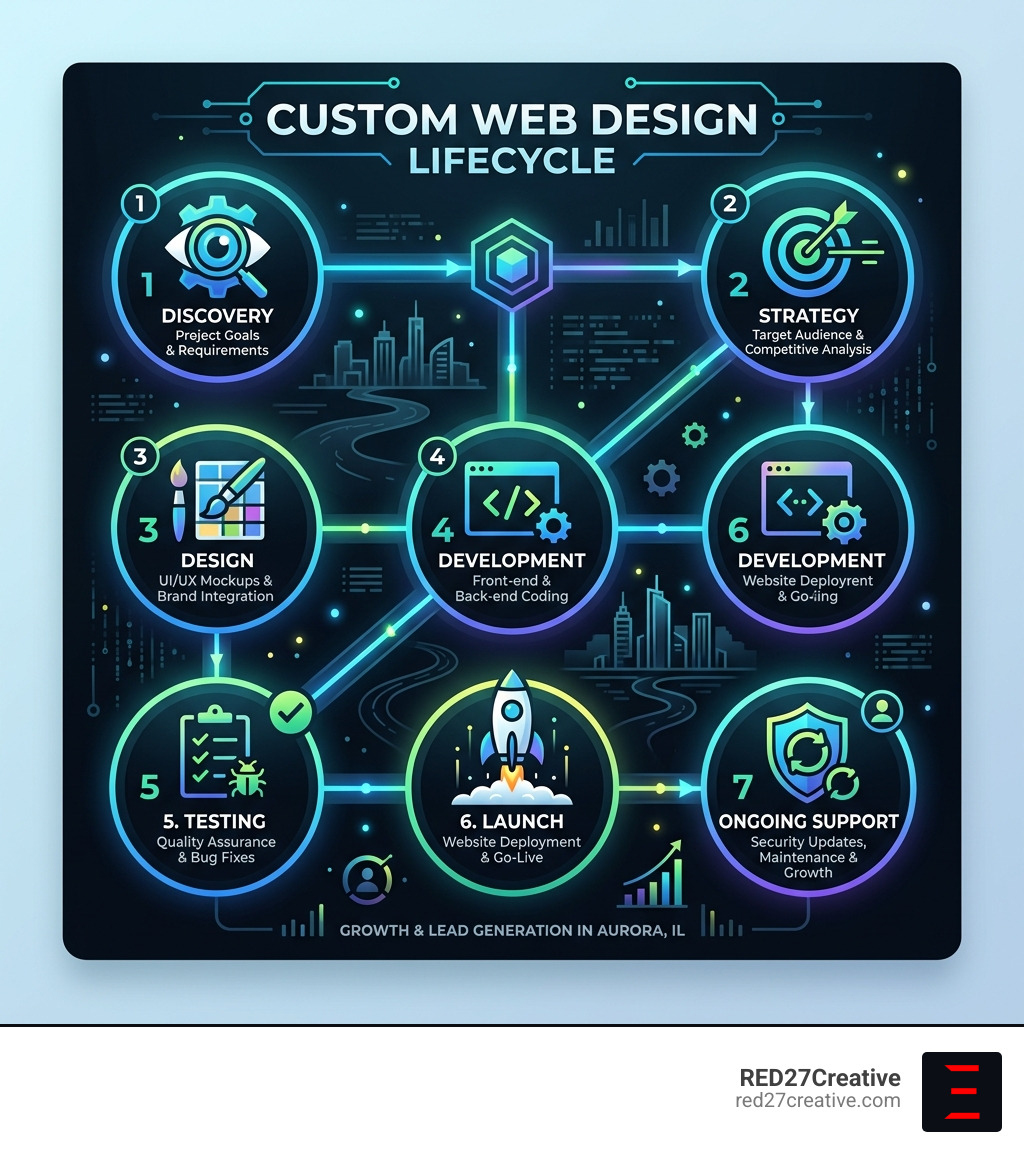 Infographic showing custom web design lifecycle: Discovery, Strategy, Design, Development, Testing, Launch, and Ongoing Infographic showing custom web design lifecycle: Discovery, Strategy, Design, Development, Testing, Launch, and Ongoing