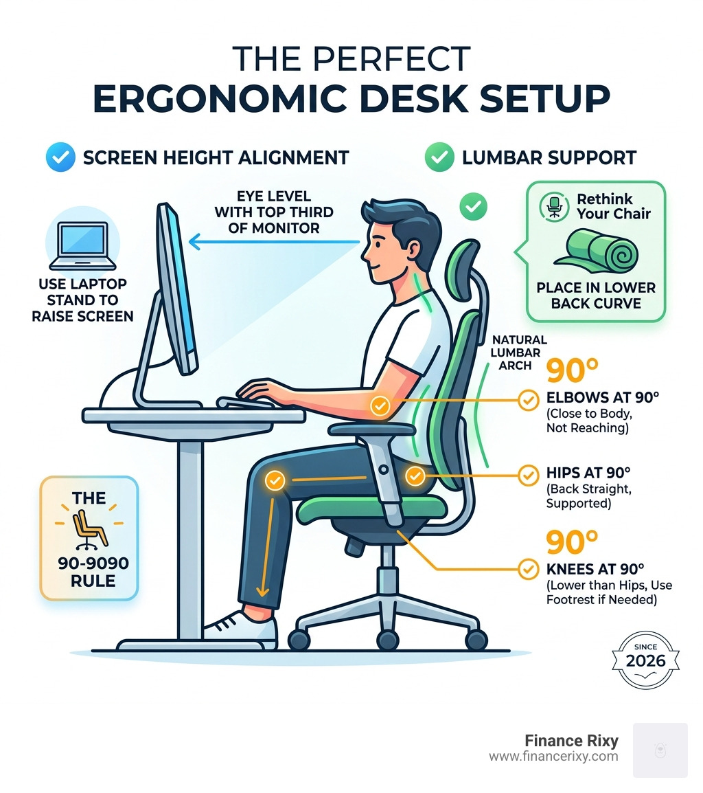 infographic showing the "perfect" ergonomic desk setup including screen height and lumbar support - lower back stretches at