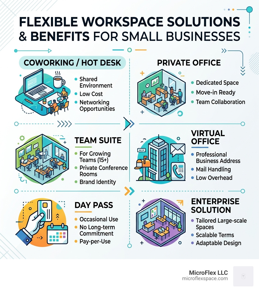 Types of flexible workspace solutions and their key benefits for small businesses - flexible workspace solutions infographic 