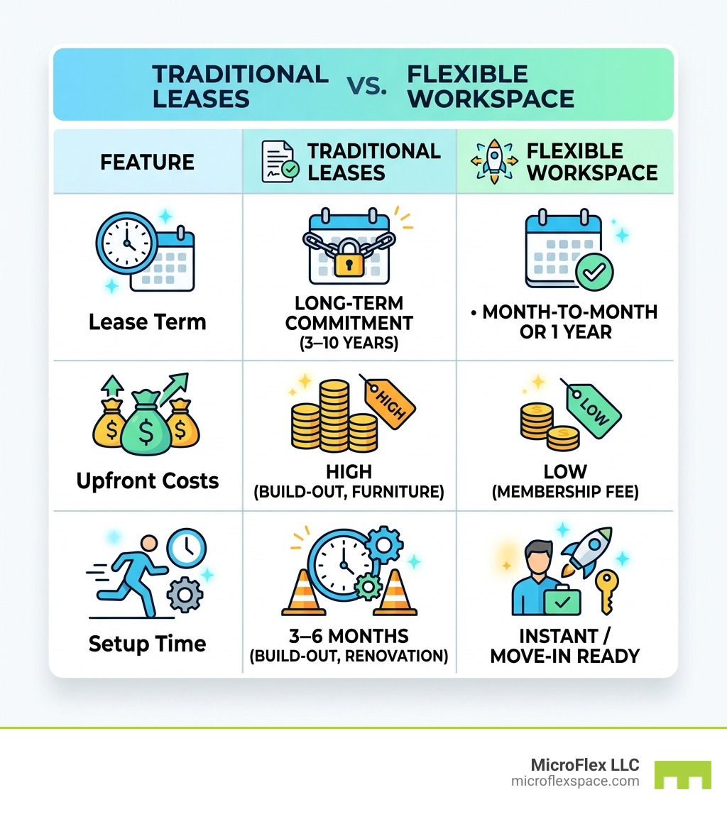 Comparison table: Traditional Leases vs. Flexible Workspace Solutions - flexible workspace solutions infographic 