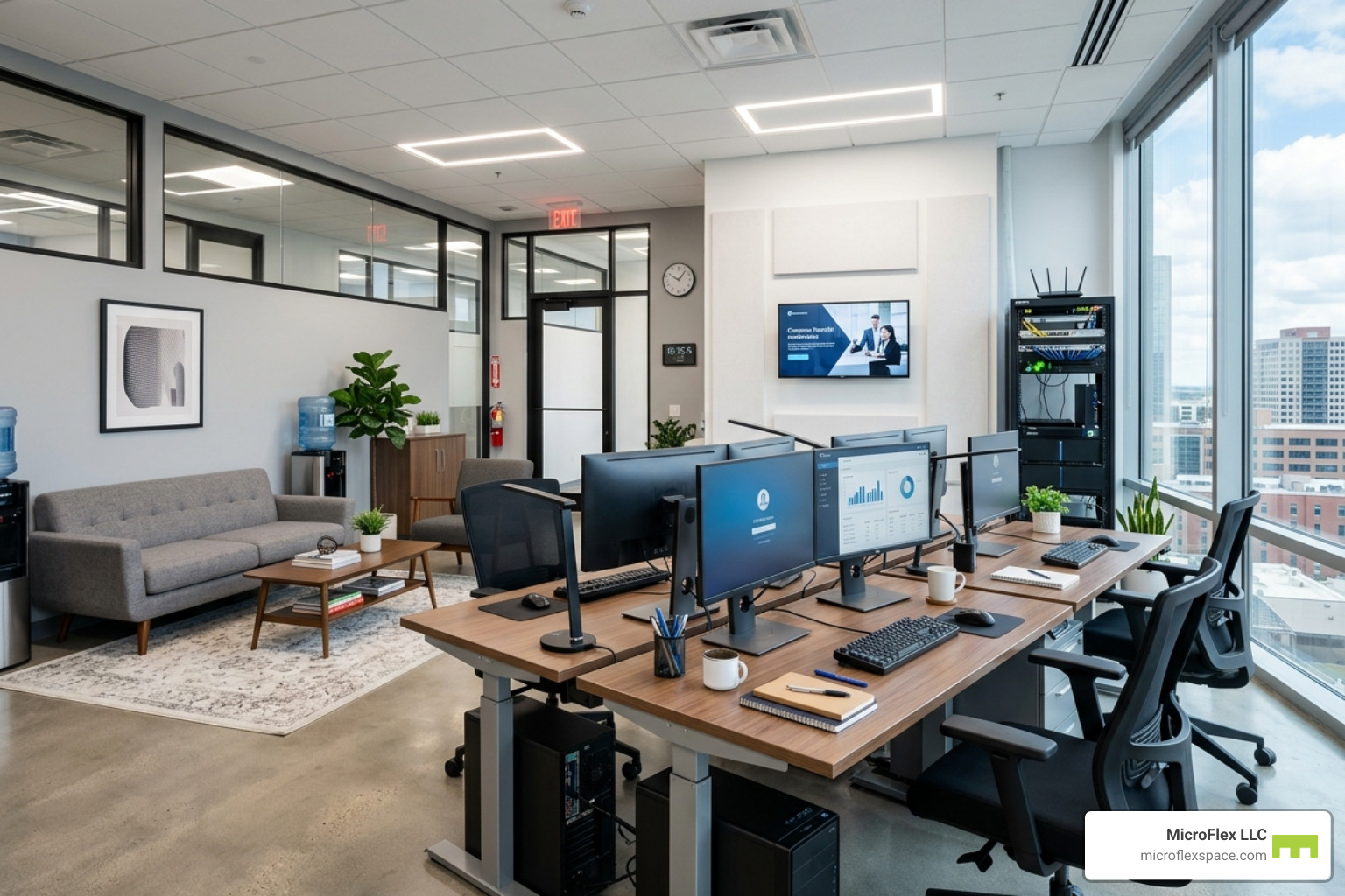 A move-in ready private suite with modern furniture and high-speed tech - flexible workspace solutions