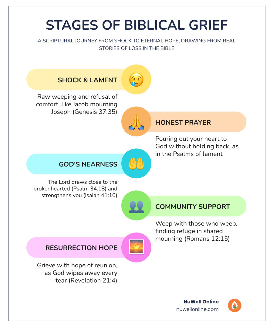 Infographic showing stages of biblical grief: shock and lament, honest prayer, God's nearness, community support