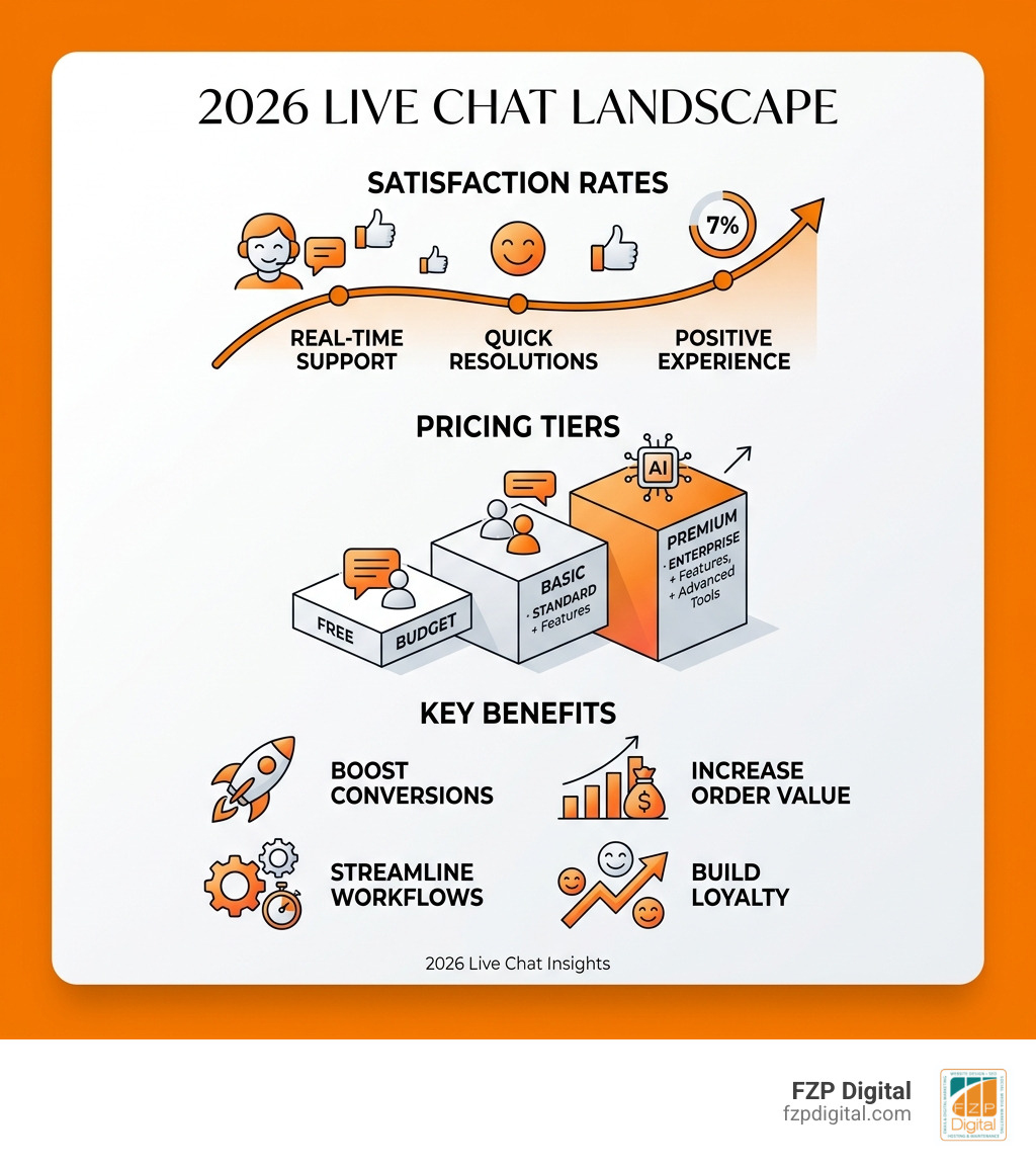 Infographic showing 2026 live chat landscape: satisfaction rates, pricing tiers, and key benefits - customer service live Infographic showing 2026 live chat landscape: satisfaction rates, pricing tiers, and key benefits - customer service live