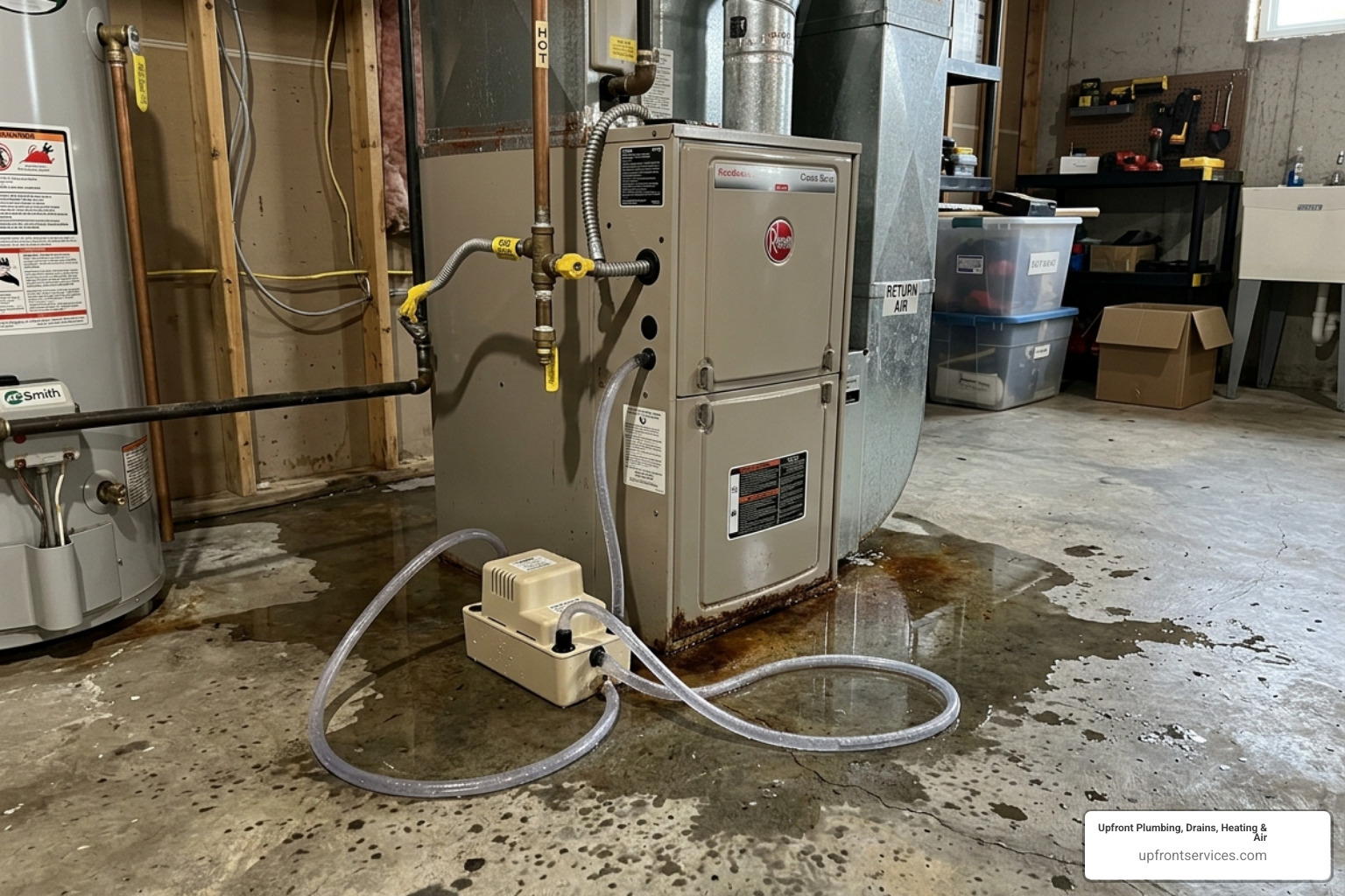 Water pooling around the base of a furnace due to a failed condensate pump - condensate pump repair Boise Water pooling around the base of a furnace due to a failed condensate pump - condensate pump repair Boise
