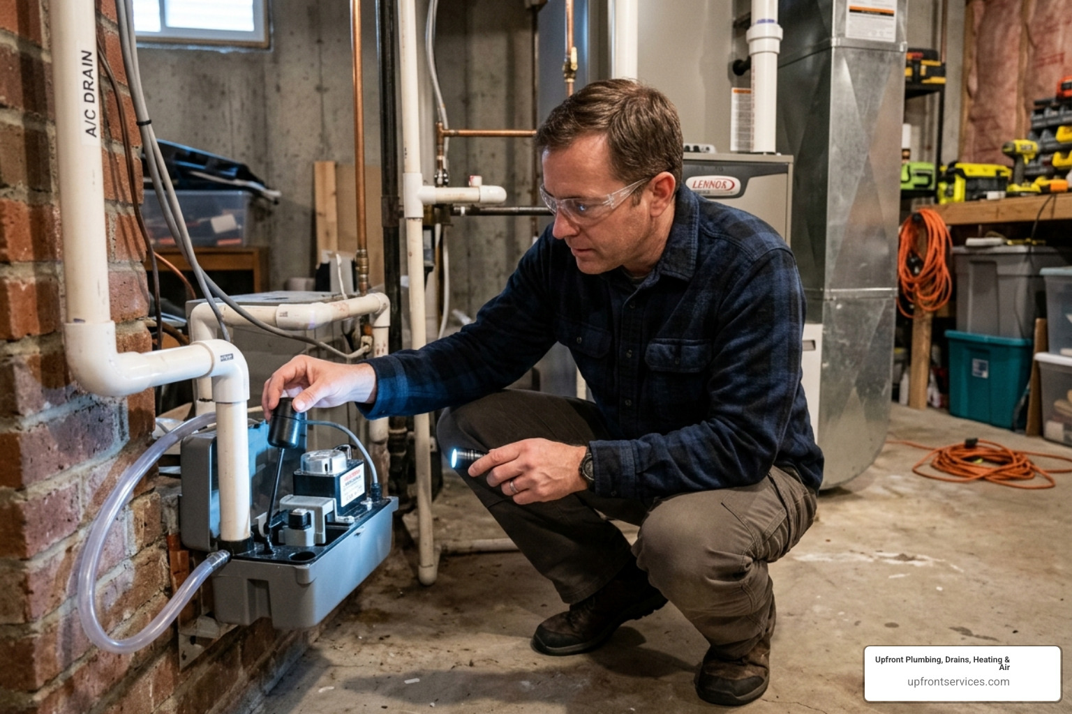 Homeowner checking a condensate pump float switch for obstructions - condensate pump repair Boise Homeowner checking a condensate pump float switch for obstructions - condensate pump repair Boise