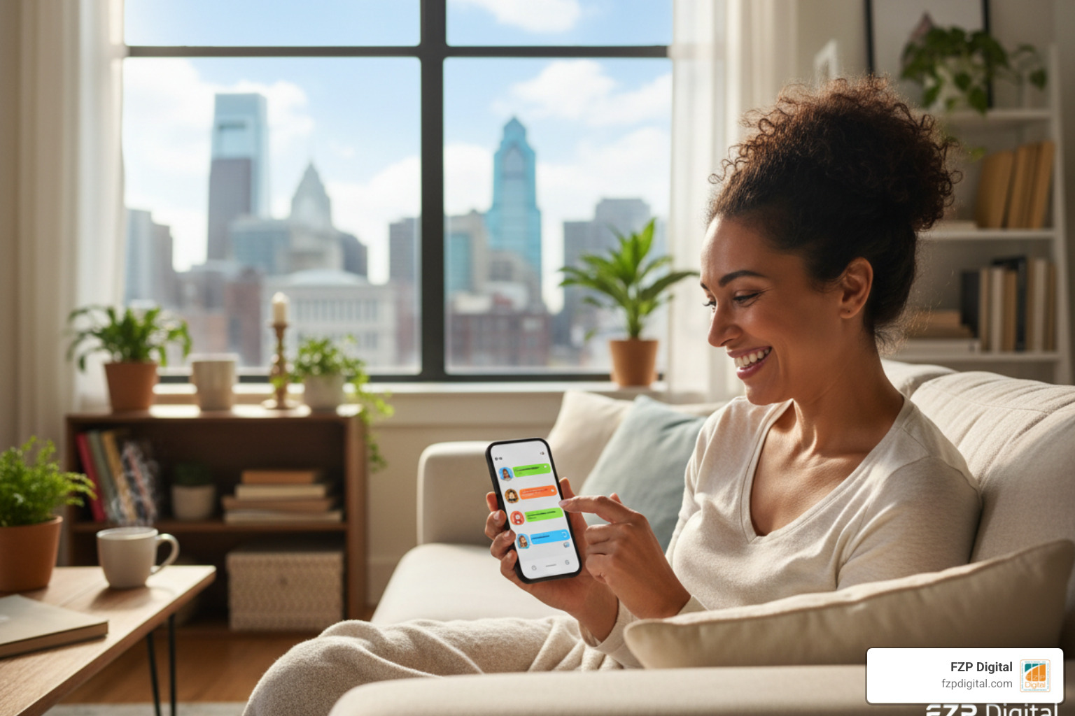 A customer smiling while using a smartphone to chat with a local Philadelphia business - customer service live chat A customer smiling while using a smartphone to chat with a local Philadelphia business - customer service live chat