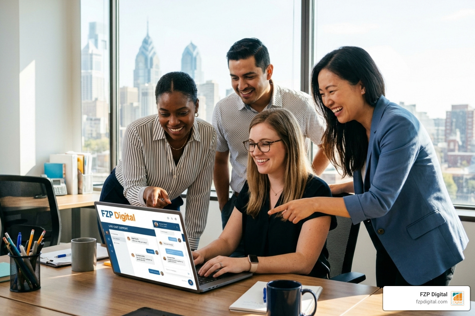 FZP Digital logo with a friendly team helping a customer via a laptop showing real-time support - customer service live chat