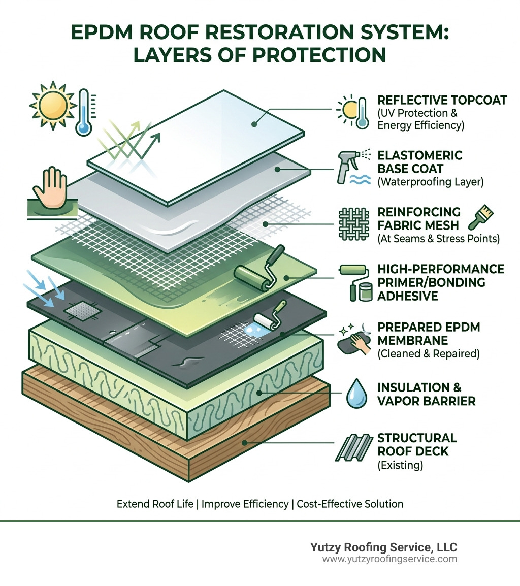 Infographic showing layers of an EPDM roof restoration system from deck to reflective topcoat - EPDM roof restoration Infographic showing layers of an EPDM roof restoration system from deck to reflective topcoat - EPDM roof restoration
