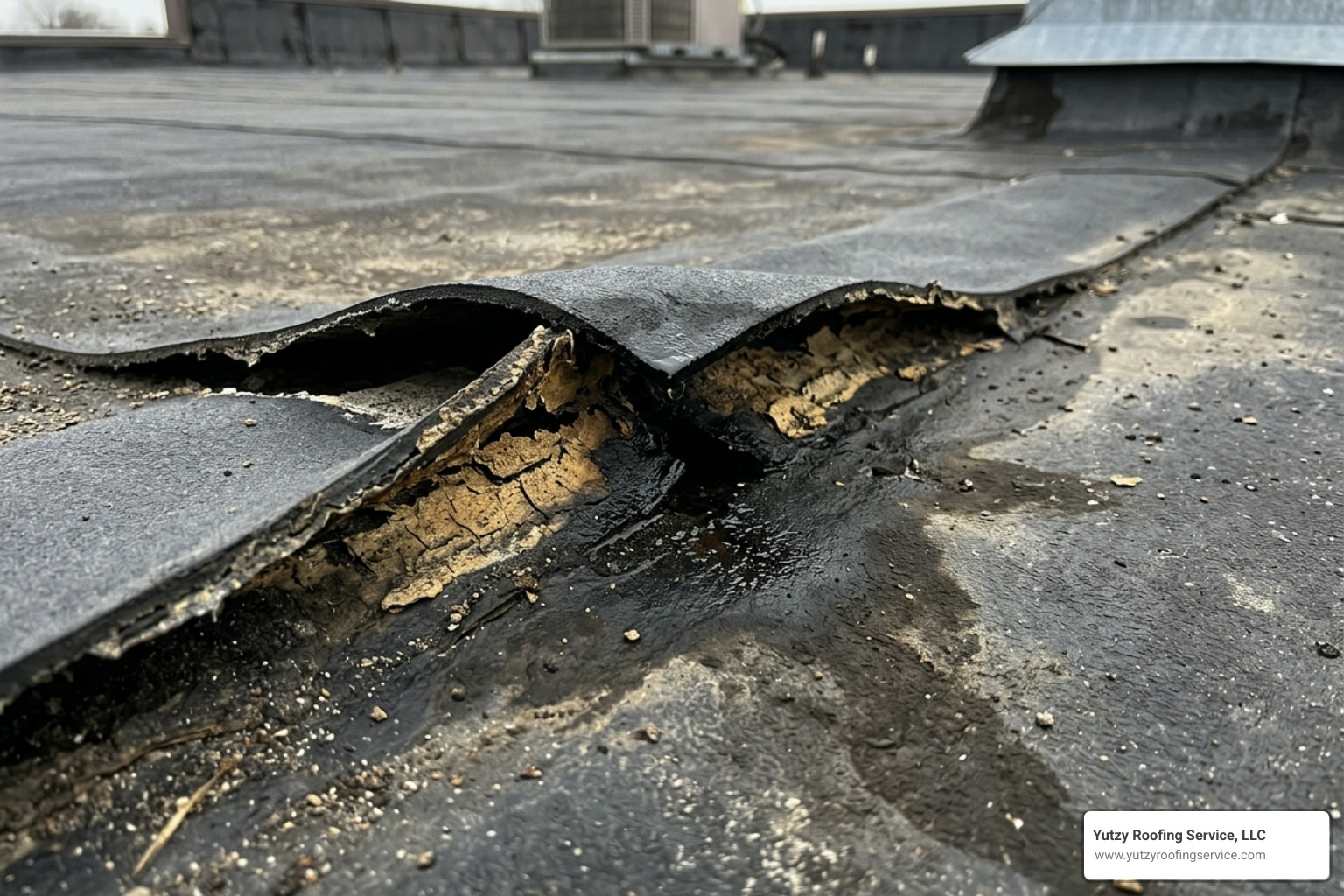 Close-up of a failed EPDM seam showing adhesive degradation and water entry point - EPDM roof restoration Rochester Close-up of a failed EPDM seam showing adhesive degradation and water entry point - EPDM roof restoration Rochester