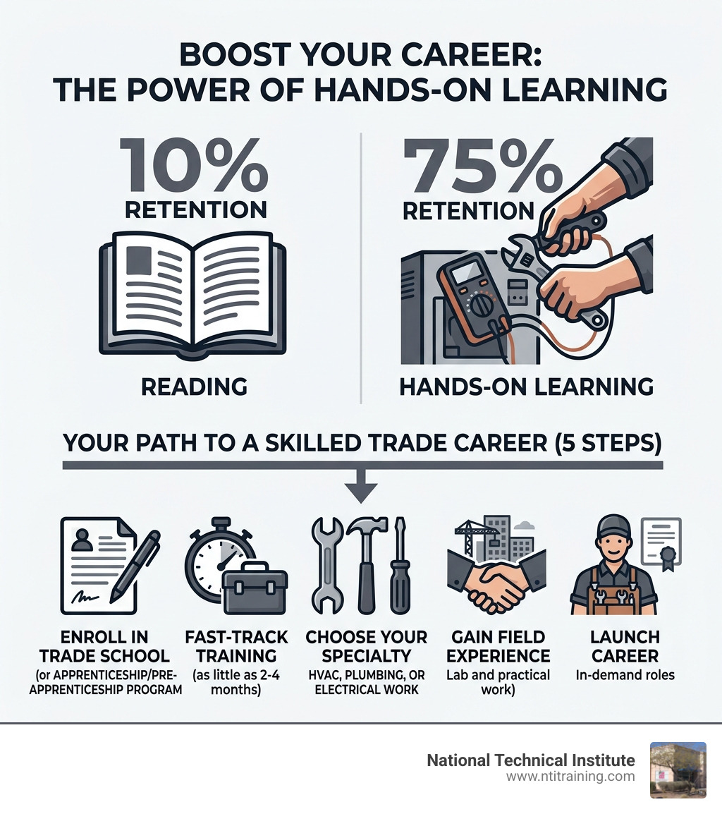 Infographic showing 75% retention from hands-on learning vs. 10% from reading, with trade career entry steps - hands on Infographic showing 75% retention from hands-on learning vs. 10% from reading, with trade career entry steps - hands on