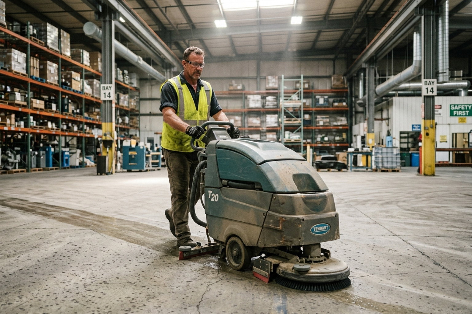 industrial floor machine being used by a professional to scrub a large warehouse floor - finish floor wax