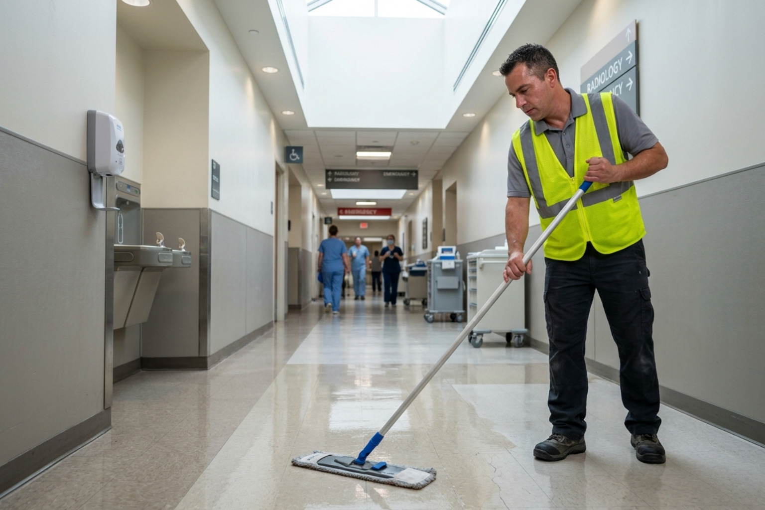 professional floor technician applying finish to a large commercial hallway floor - finish floor wax