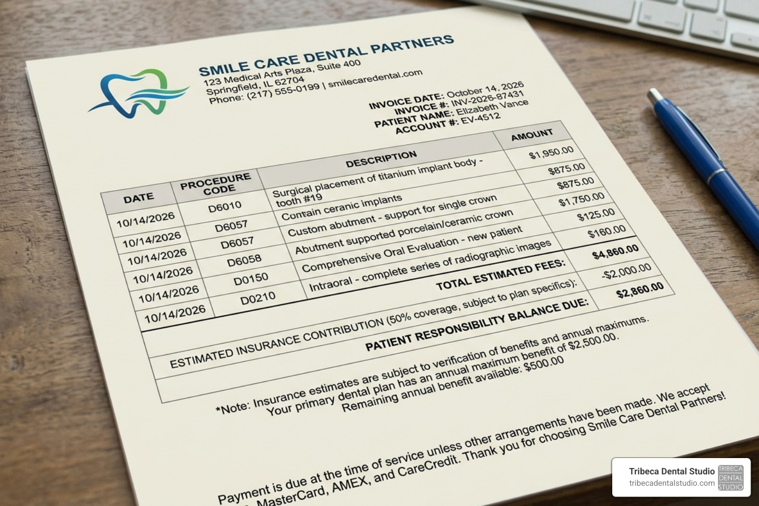 Detailed breakdown of a dental implant invoice showing insurance contributions - tooth implant cost with insurance Detailed breakdown of a dental implant invoice showing insurance contributions - tooth implant cost with insurance