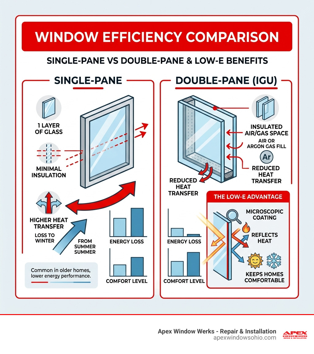 Infographic: Comparing single-pane vs double-pane efficiency and the benefits of Low-E coatings - window glass replacement