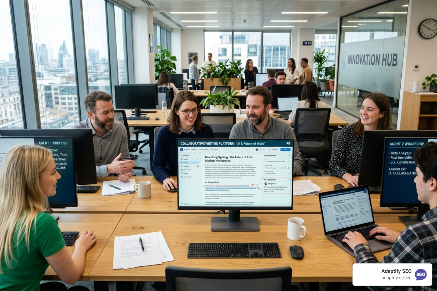 A collaborative AI writing environment showing human editors and AI agents refining a blog post - AI powered marketing tools