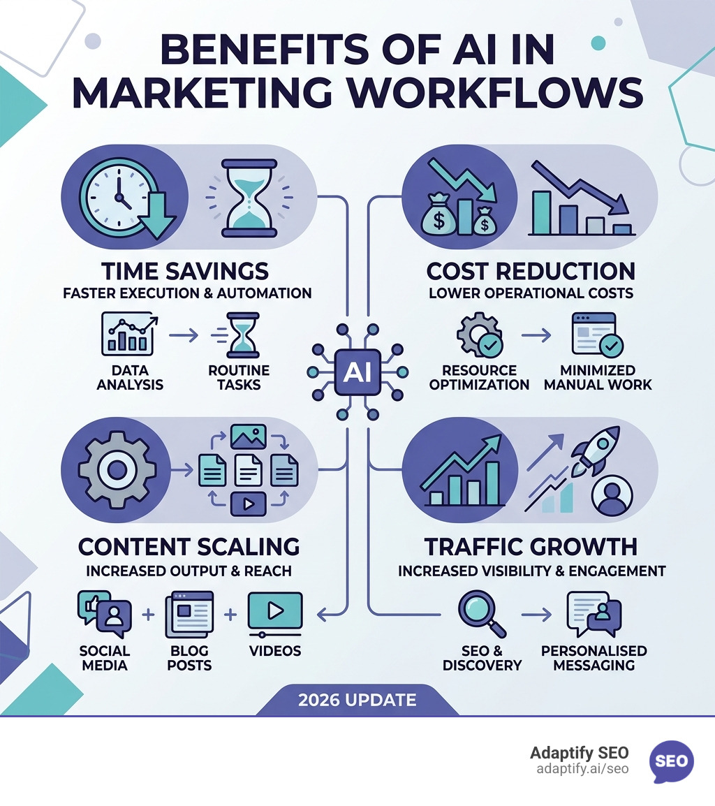 Benefits of AI in marketing workflows infographic showing time savings, cost reduction, content scaling, and traffic growth