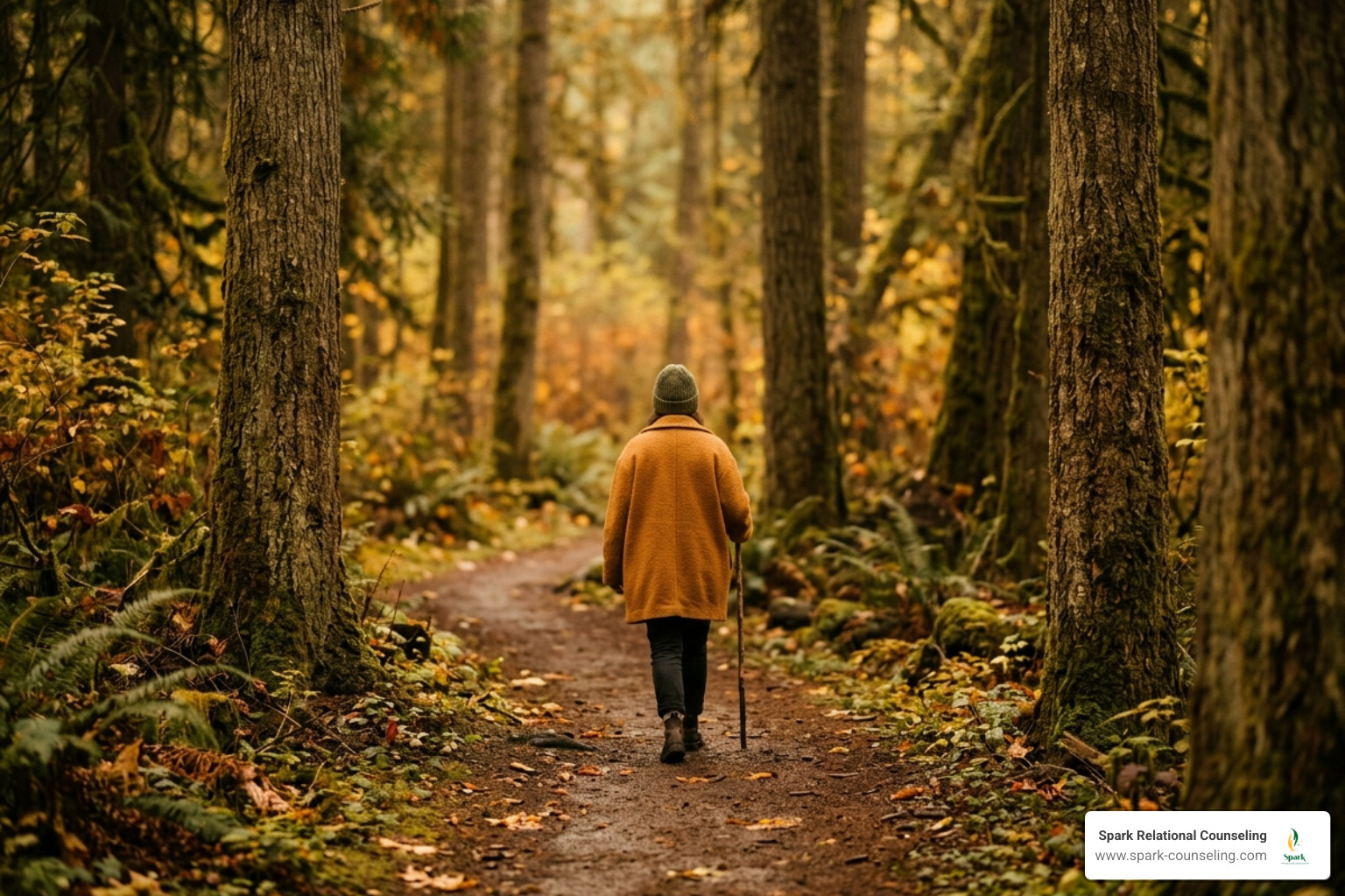 Minimalist amber-toned forest scene with soft focus - high achiever mental health Oregon
