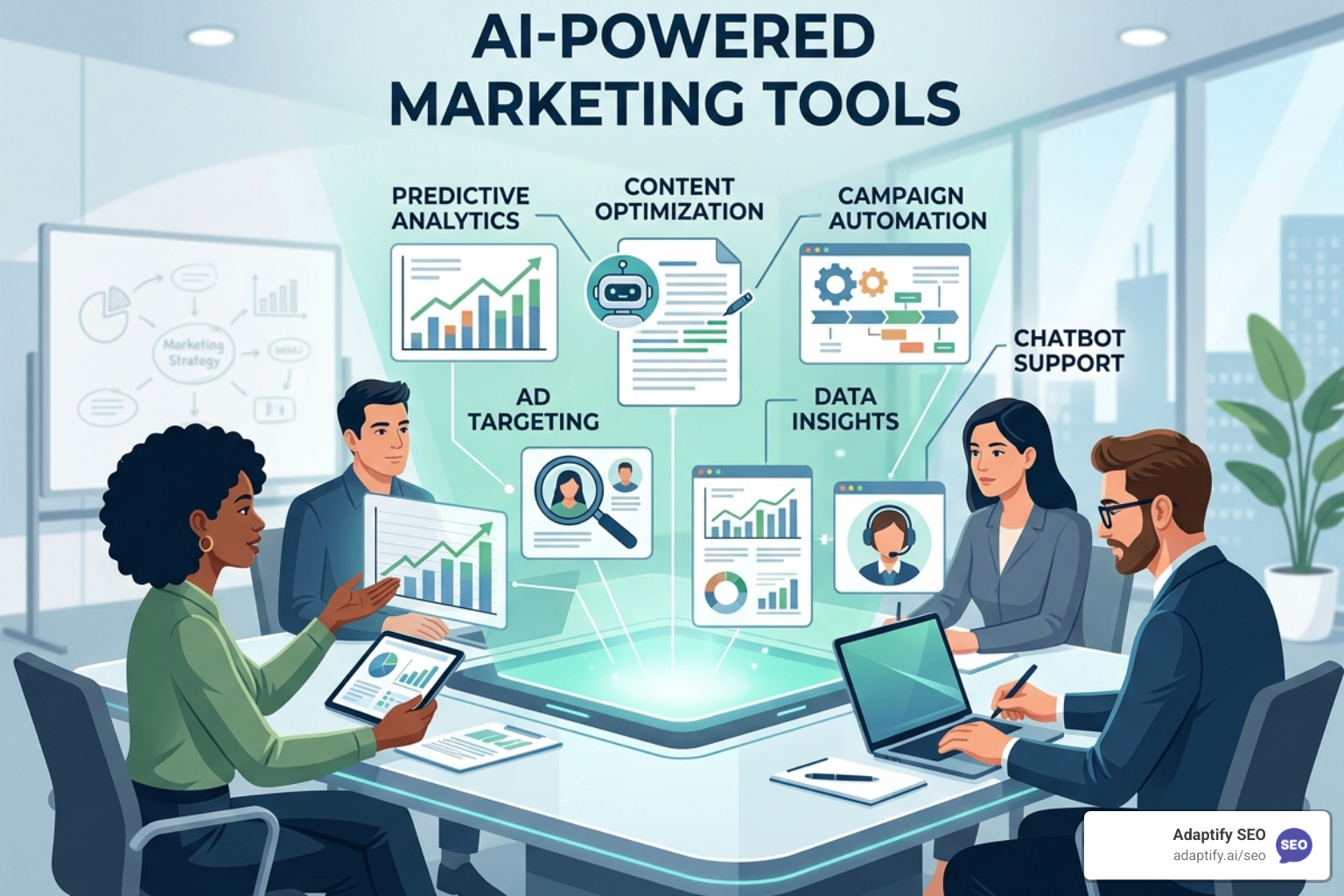 Autonomous AI agents collaborating in a high-tech digital marketing workspace - AI powered marketing tools