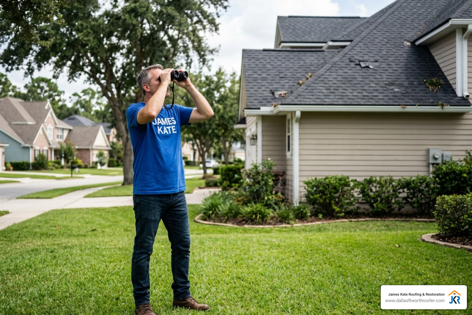 homeowner using binoculars to inspect roof royal blue shirt - Storm damage roof homeowner using binoculars to inspect roof royal blue shirt - Storm damage roof
