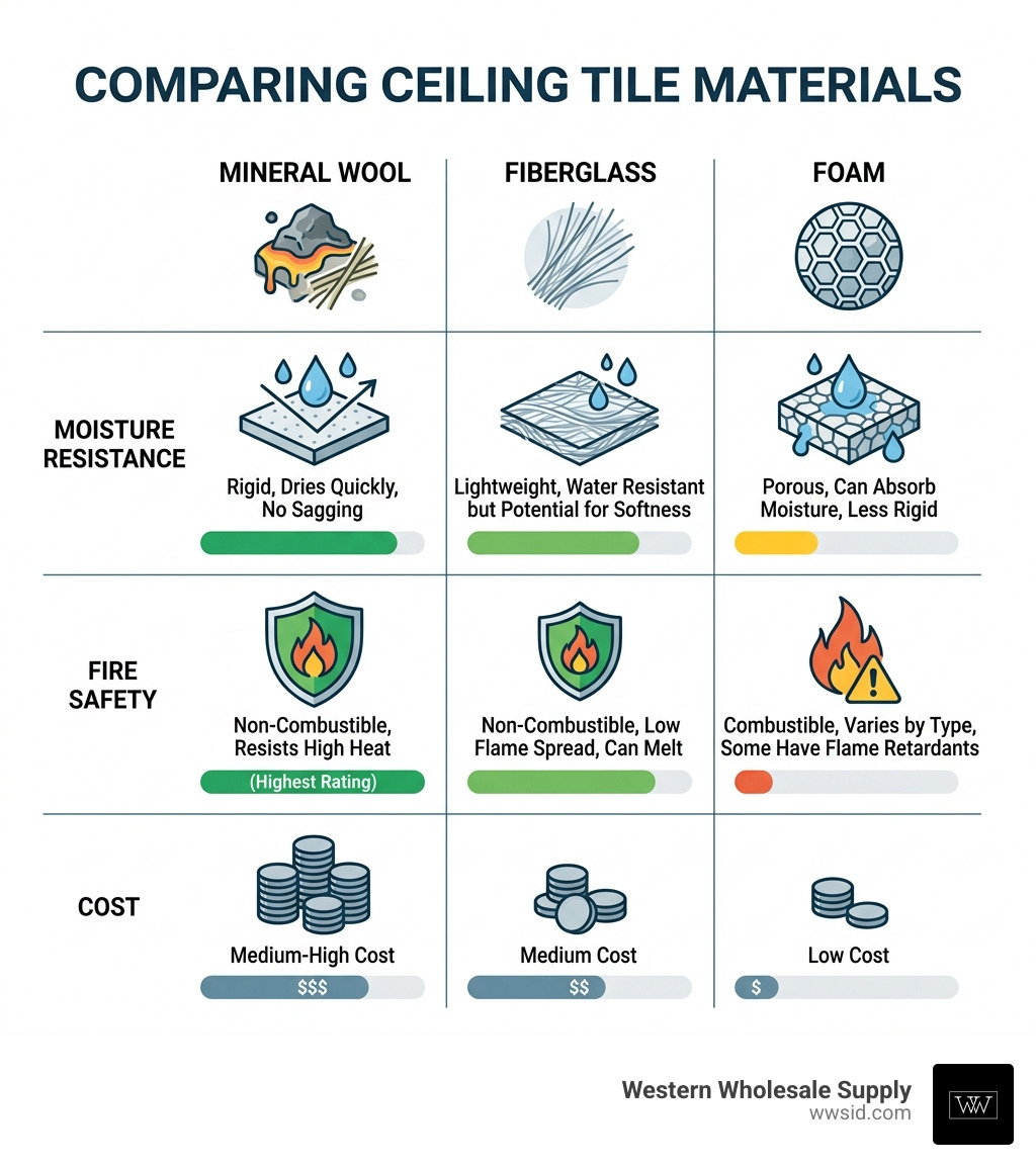 Infographic comparing mineral wool, fiberglass, and foam across moisture resistance, fire safety, and cost - mineral wool Infographic comparing mineral wool, fiberglass, and foam across moisture resistance, fire safety, and cost - mineral wool