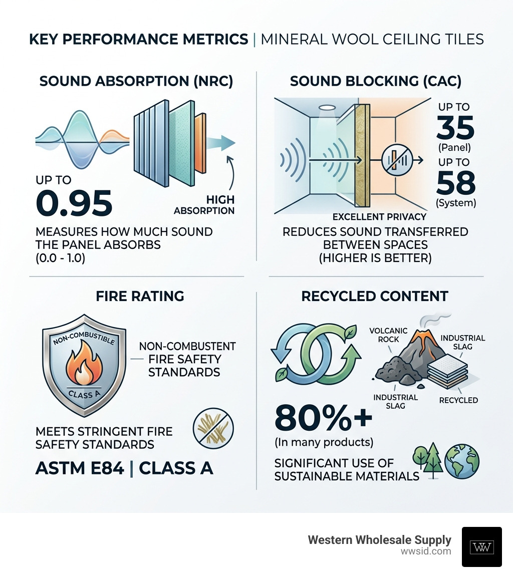Infographic showing key performance metrics of mineral wool ceiling tiles including NRC, CAC, fire rating, and recycled Infographic showing key performance metrics of mineral wool ceiling tiles including NRC, CAC, fire rating, and recycled