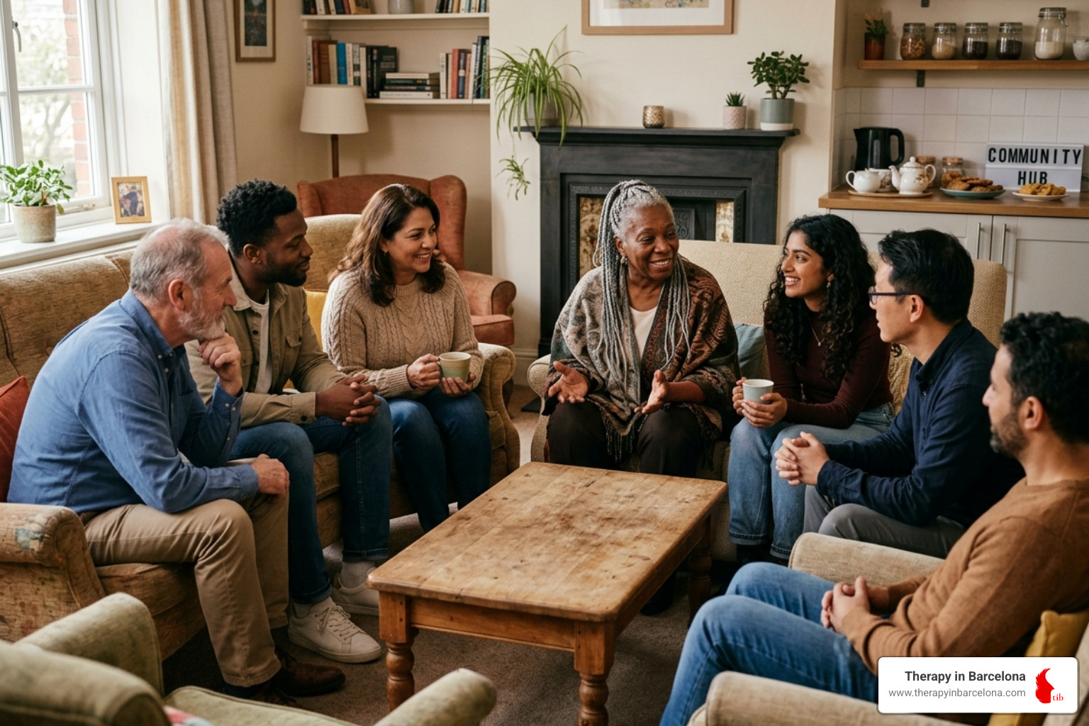 A diverse group of people of different ages and backgrounds sitting together in a supportive community setting - sex