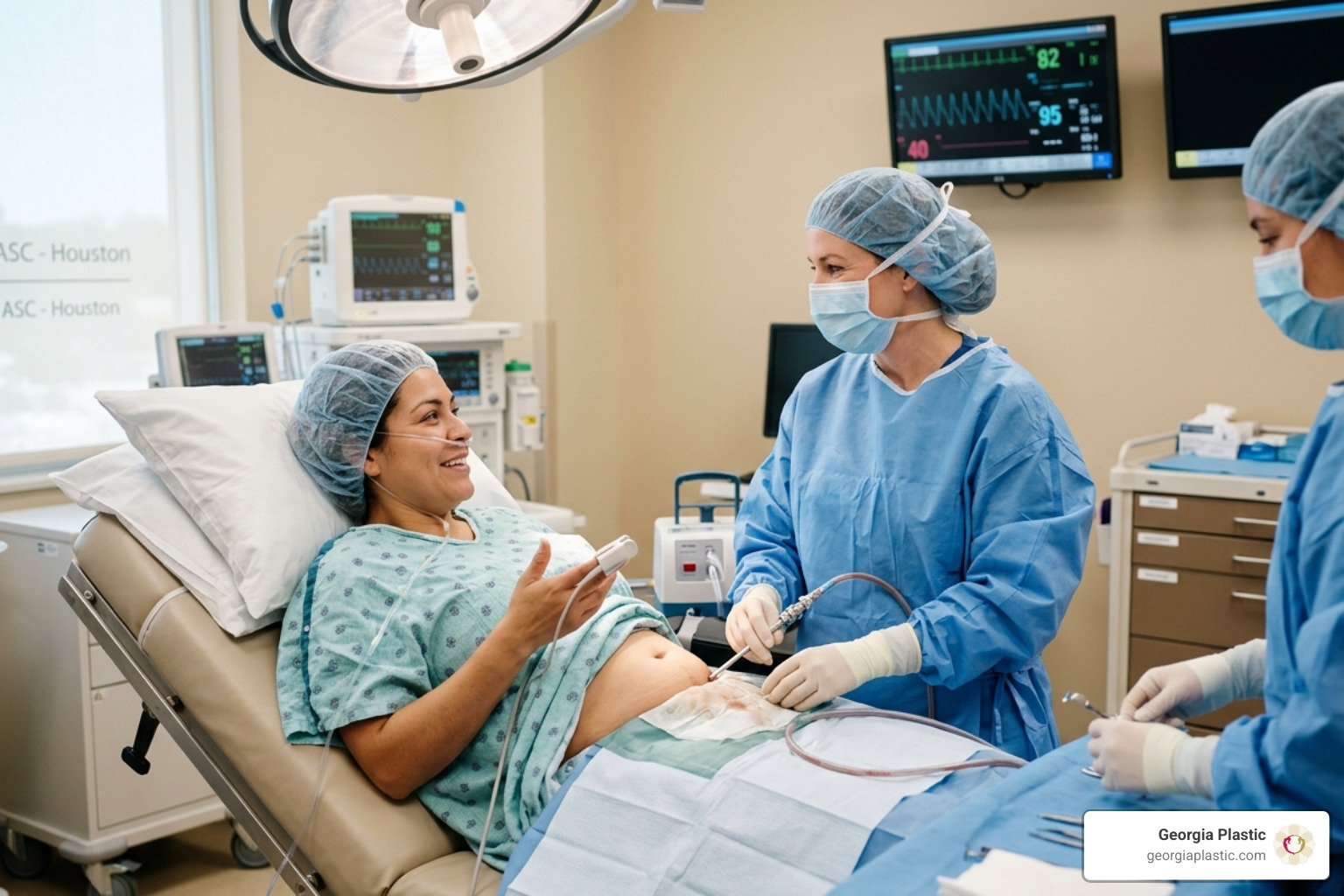 Patient and surgeon interacting during a body sculpting procedure - awake liposuction