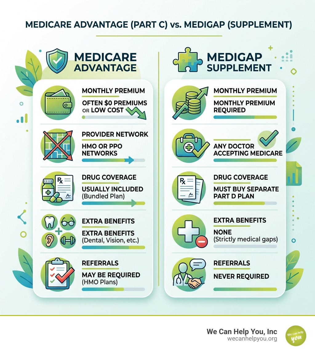 Graphic comparing Medicare Advantage and Medigap benefits - Hialeah Medicare agent infographic 