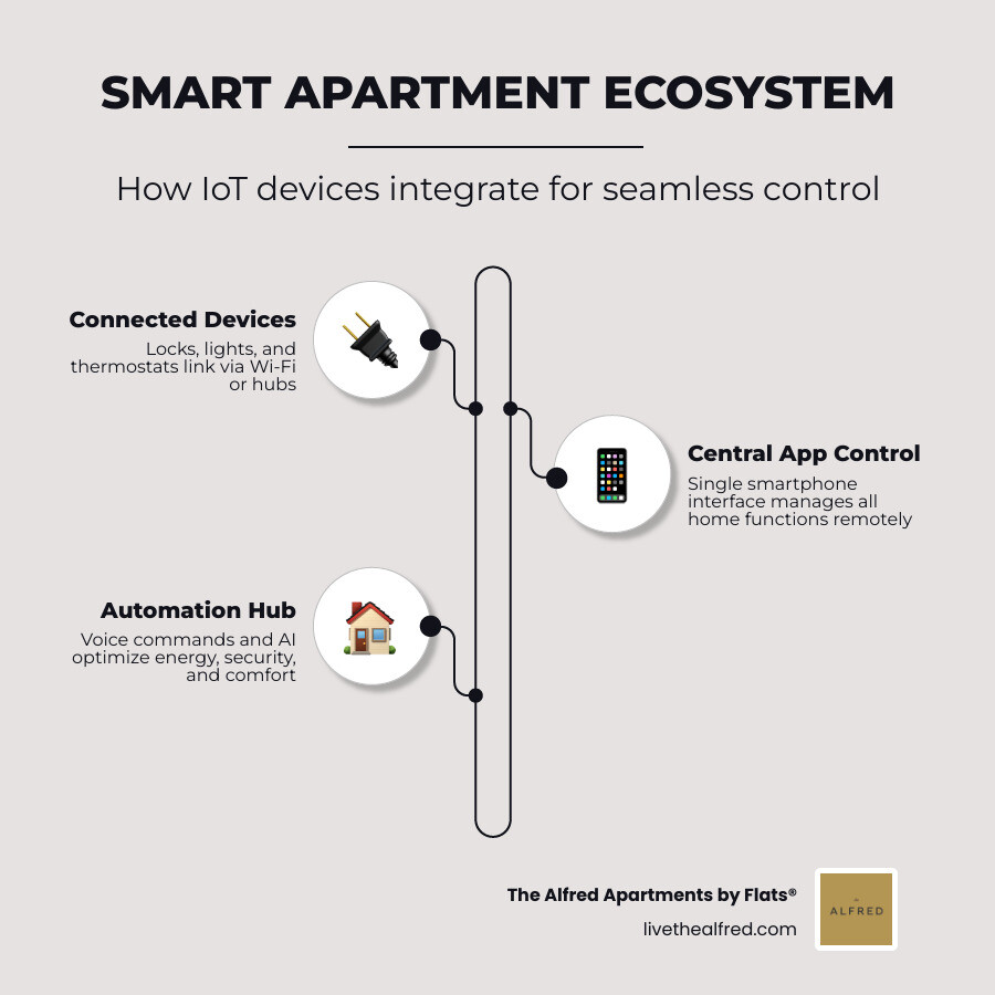 Smart apartment ecosystem showing IoT devices, app control, lighting, security, and thermostat integration - smart