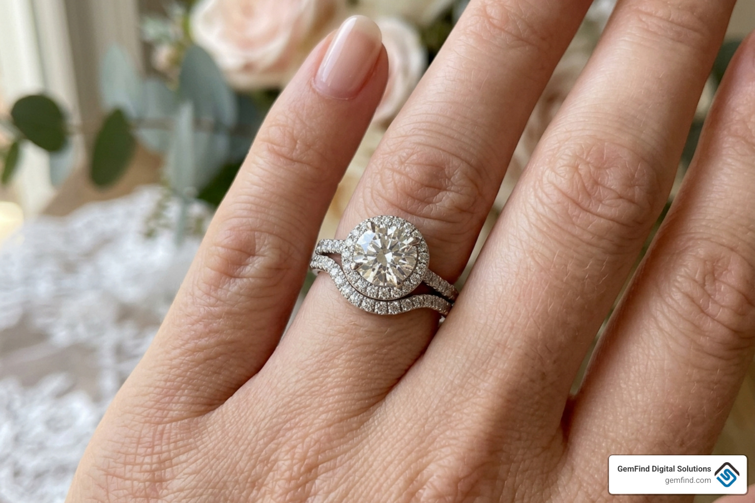 contoured wedding band stacked with a halo engagement ring - design your wedding band contoured wedding band stacked with a halo engagement ring - design your wedding band
