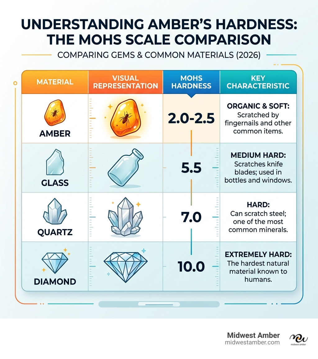 Table comparing Mohs hardness: Amber 2.0-2.5, Glass 5.5, Quartz 7.0, Diamond 10.0 - amber jewelry care infographic 